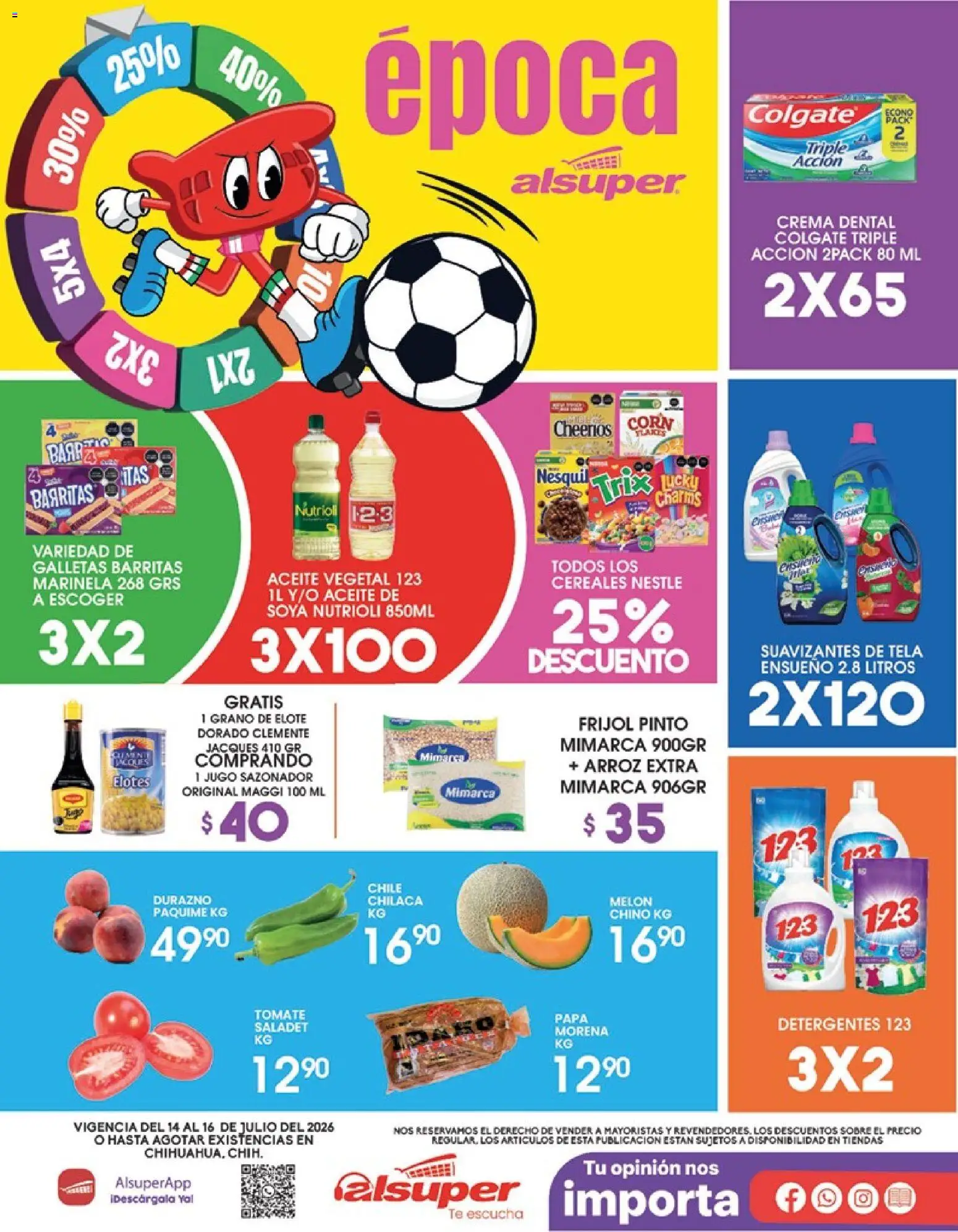 Nuevas ofertas de Alsuper válidas en toda la República Mexicana desde el 14/07/2026. ¡Encuentra las mejores ofertas en Alsuper folleto! | Página: 1 | Productos: Papa, Durazno, Tomate, Jugo