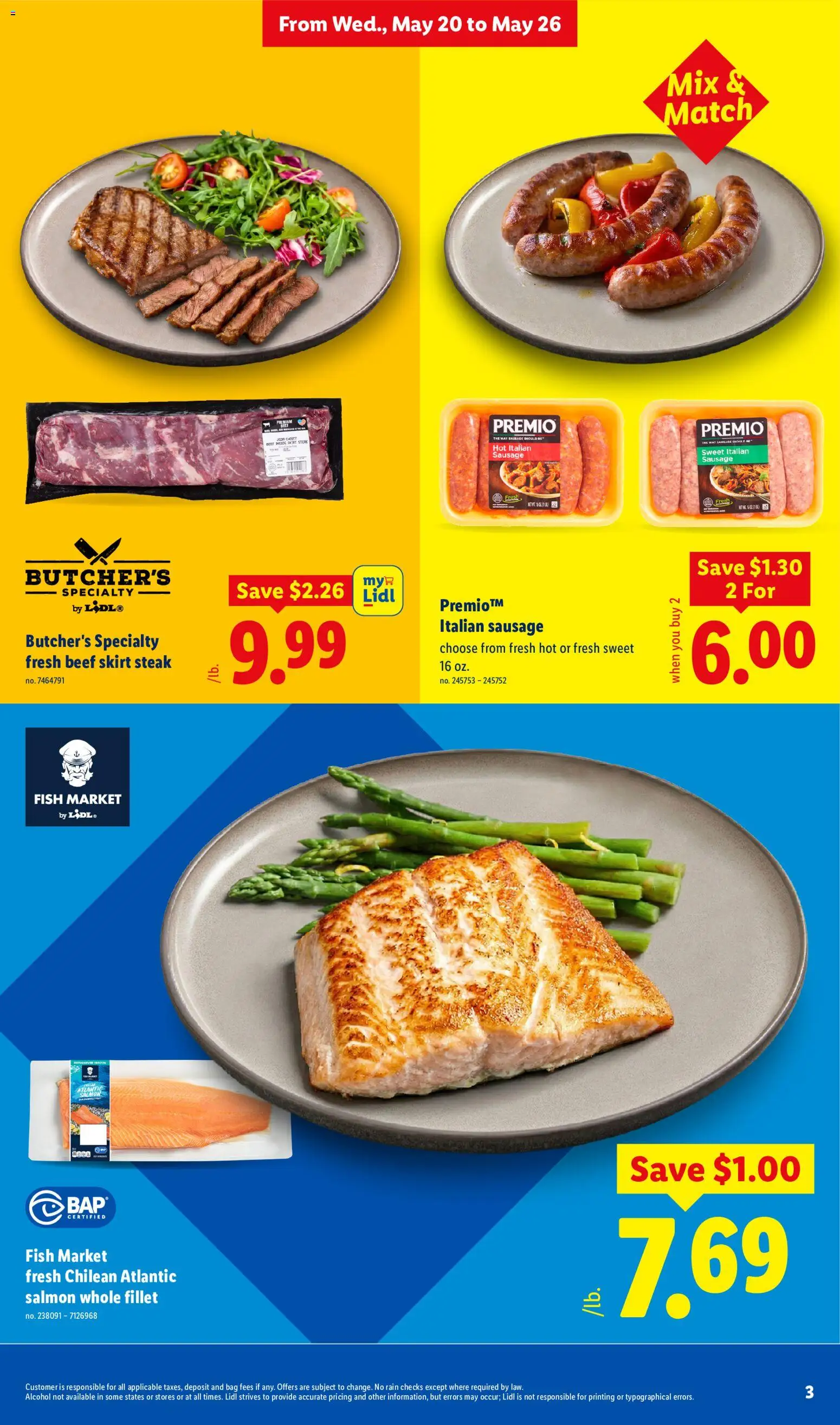Lidl Weekly Ad - valid from 20.05.2026 | Page: 3 | Products: Fish, Beef, Sausage, Bag