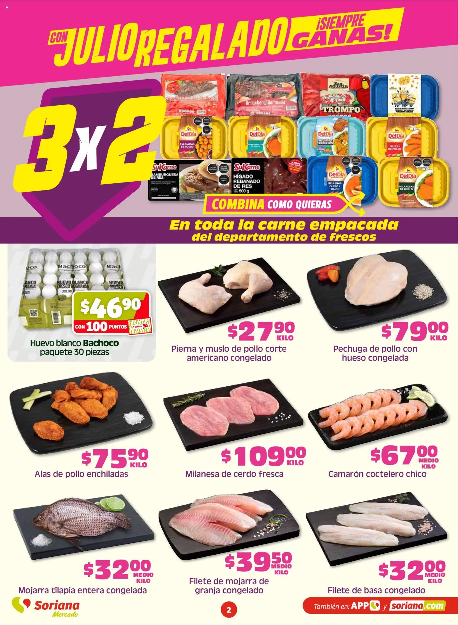 Nuevas ofertas de Soriana válidas en toda la República Mexicana desde el 17/07/2026. ¡Encuentra las mejores ofertas en Soriana Fin de Semana Mercado: Nuevo León! | Página: 2 | Productos: Milanesa, Queso, Cerdo, Res