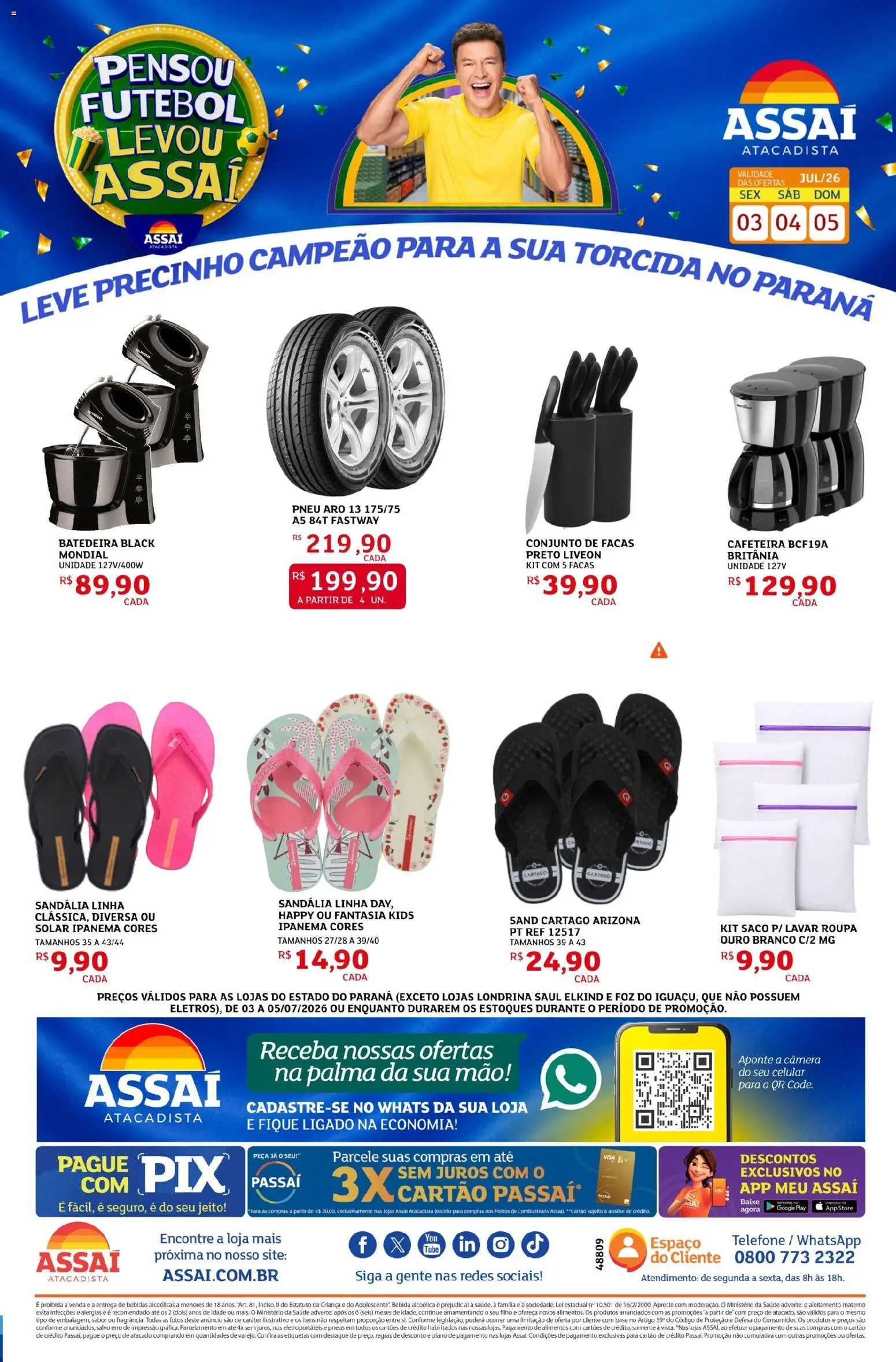 Assaí Atacadista Folheto - válido de 03/07/2026 | Página: 1 | Produtos: Batedeira, Fantasia, Pneus, Bebida