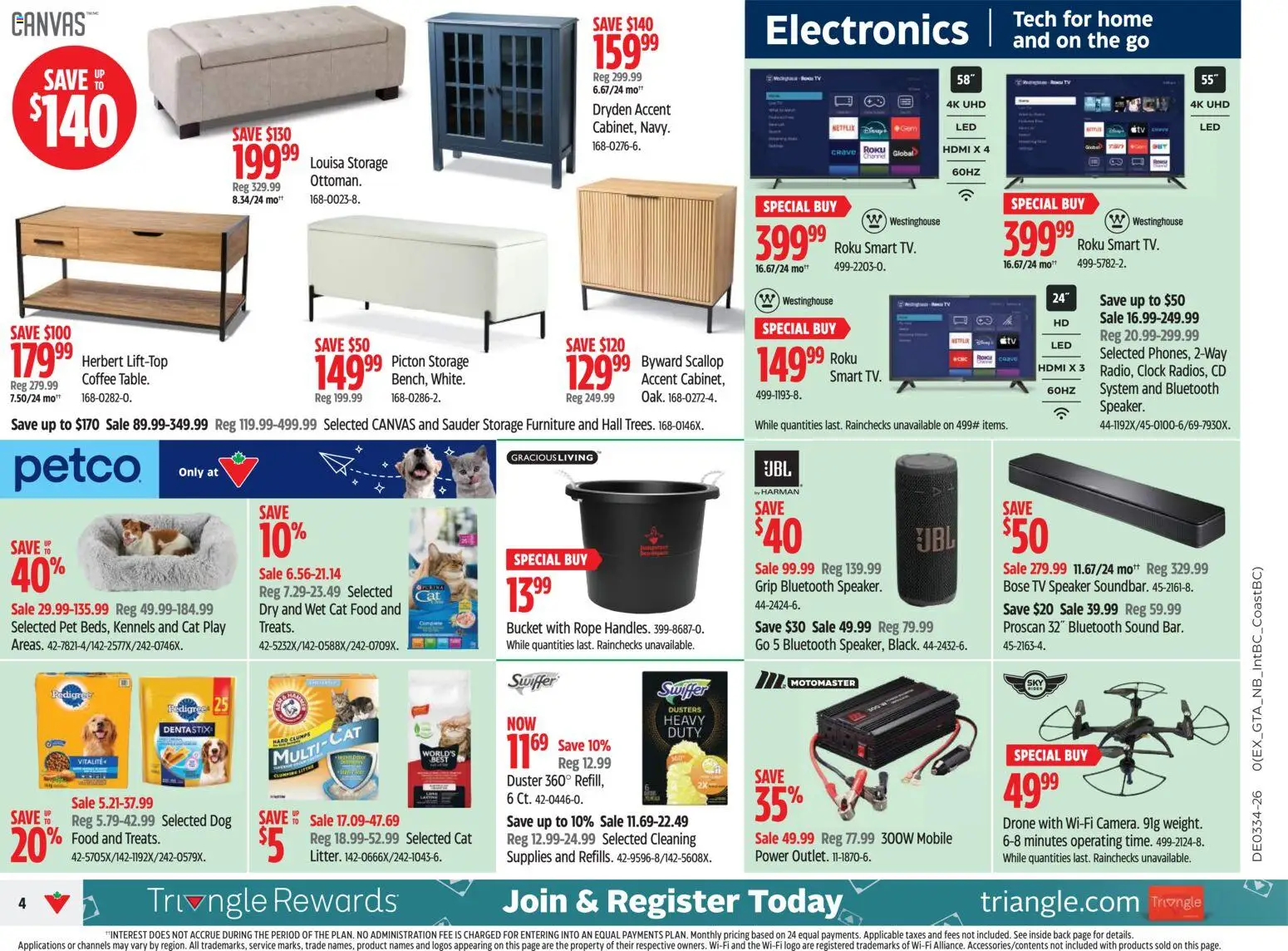 Canadian Tire flyer valid from Aug 20, 2026 | Page: 4 | Products: Tv, Speaker, Food, Coffee