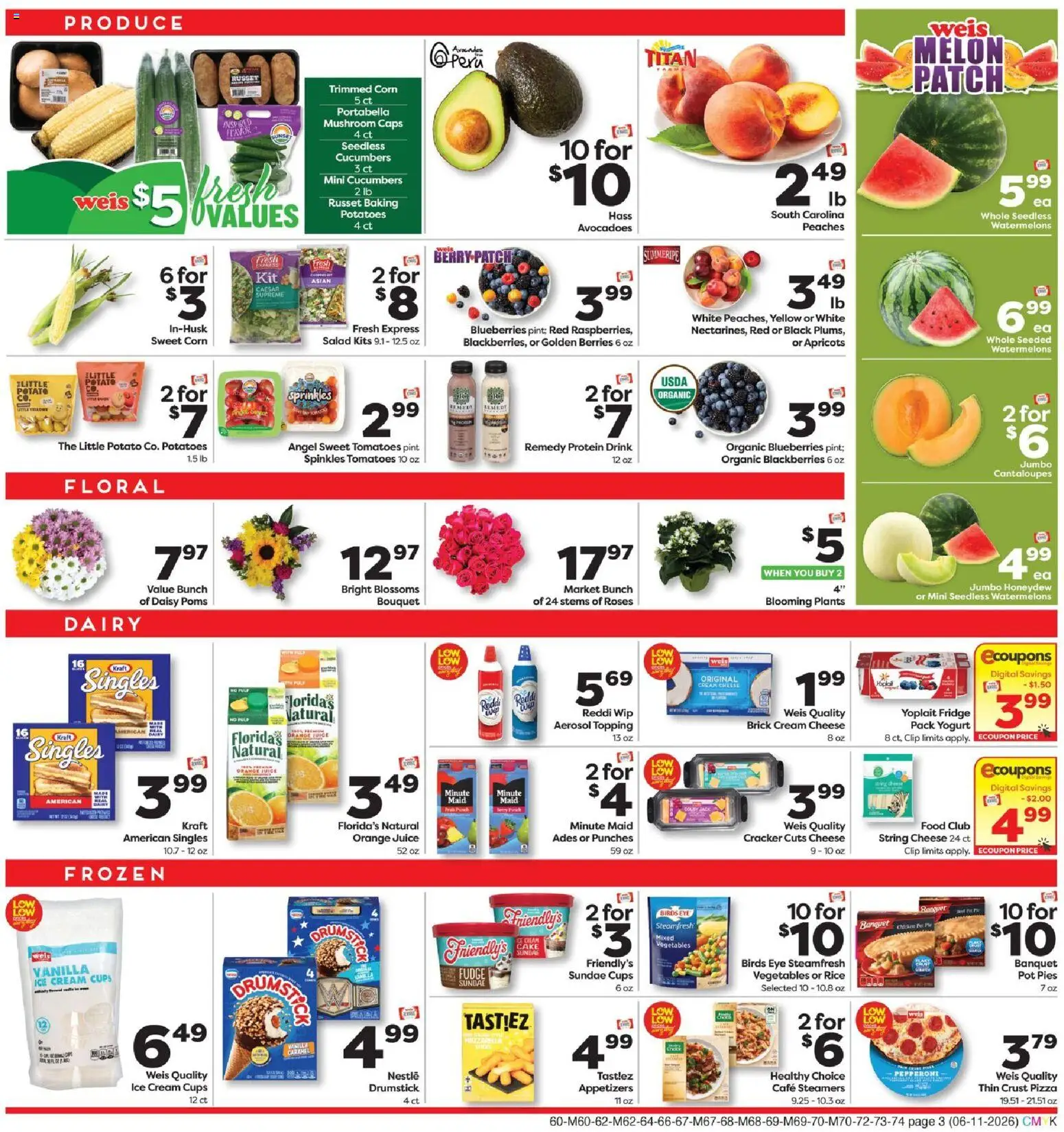 Weis Weekly Circular - WV - valid from 11.06.2026 | Page: 3 | Products: Peaches, Pizza, Tomatoes, Potatoes