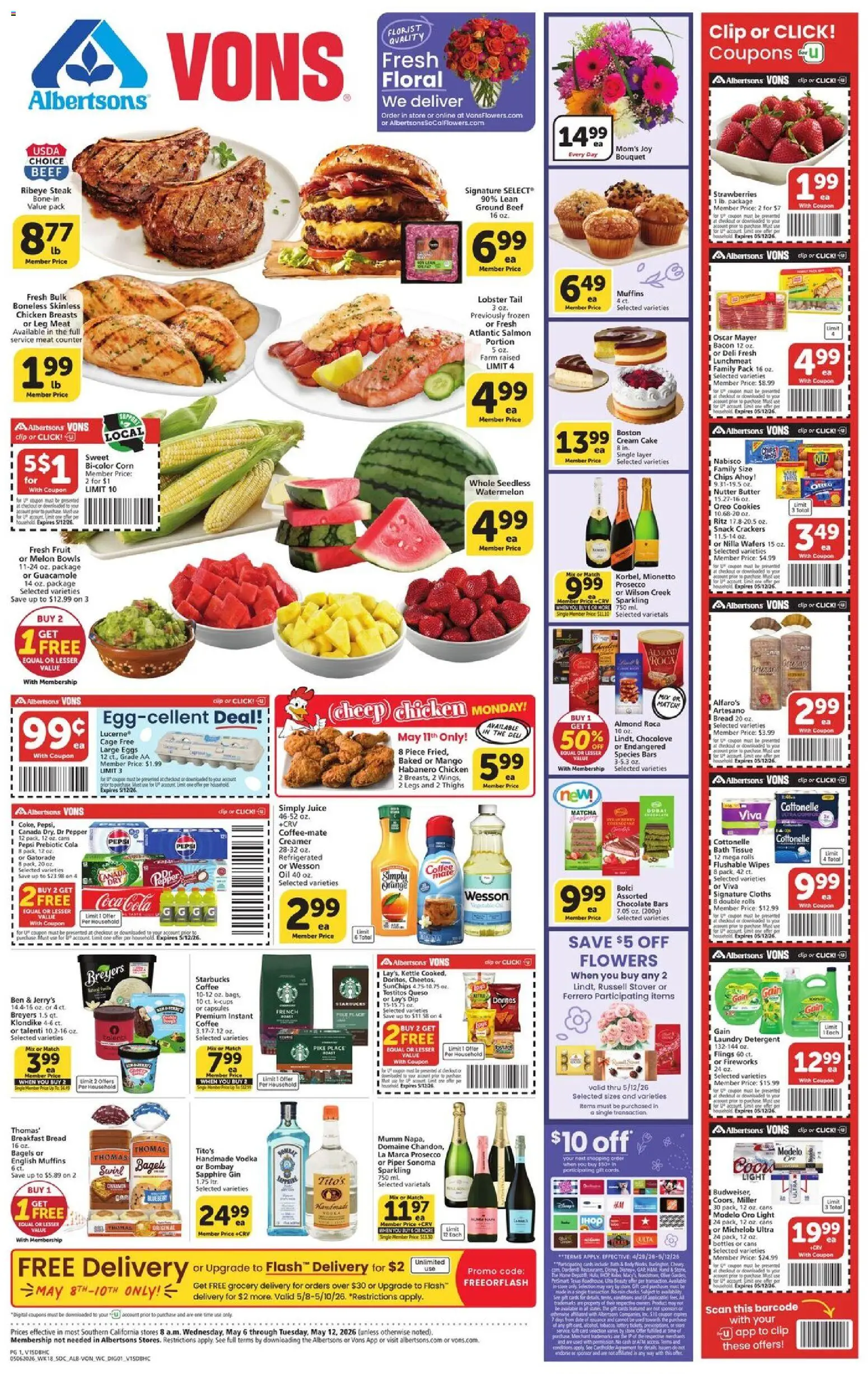 Vons Weekly Ad - valid from 06.05.2026 | Page: 1 | Products: Eggs, Juice, Gin, Melon