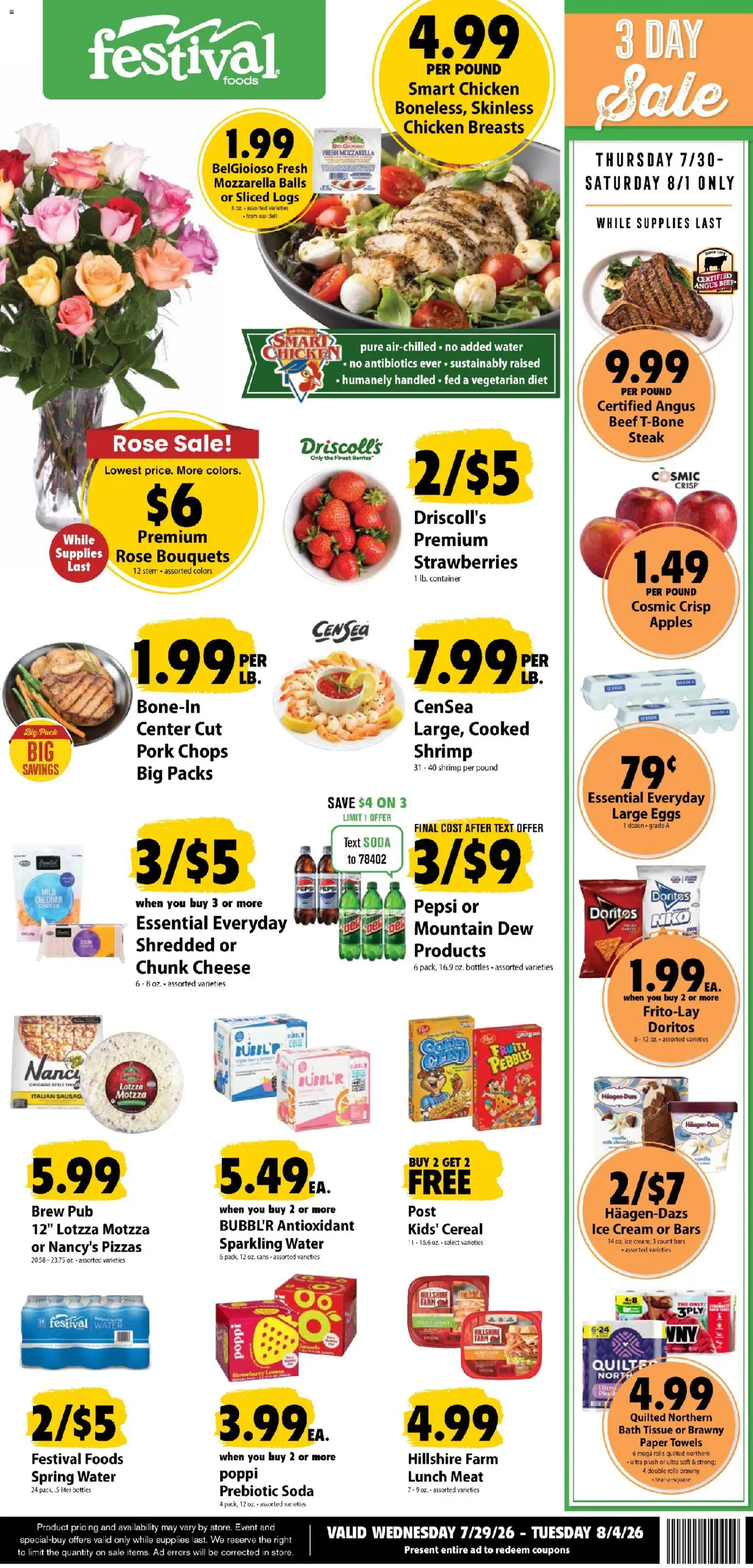 Festival Foods Weekly Ad - valid from 07/29/2026 | Page: 1 | Products: Bath, Eggs, Strawberries, Ice cream