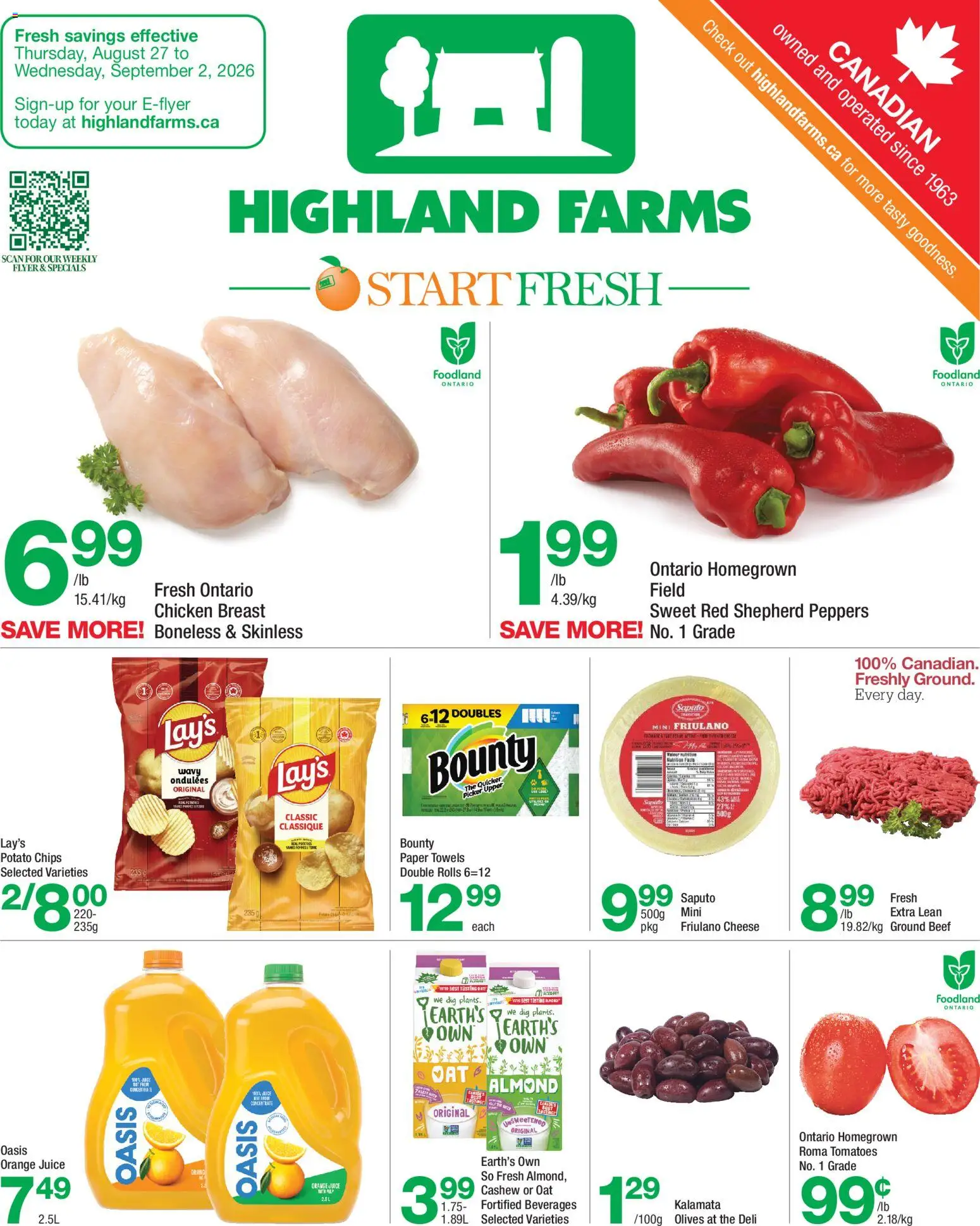Highland Farms flyer valid from Aug 27, 2026 | Page: 1 | Products: Beef, Ground beef, Chicken breast, Cheese