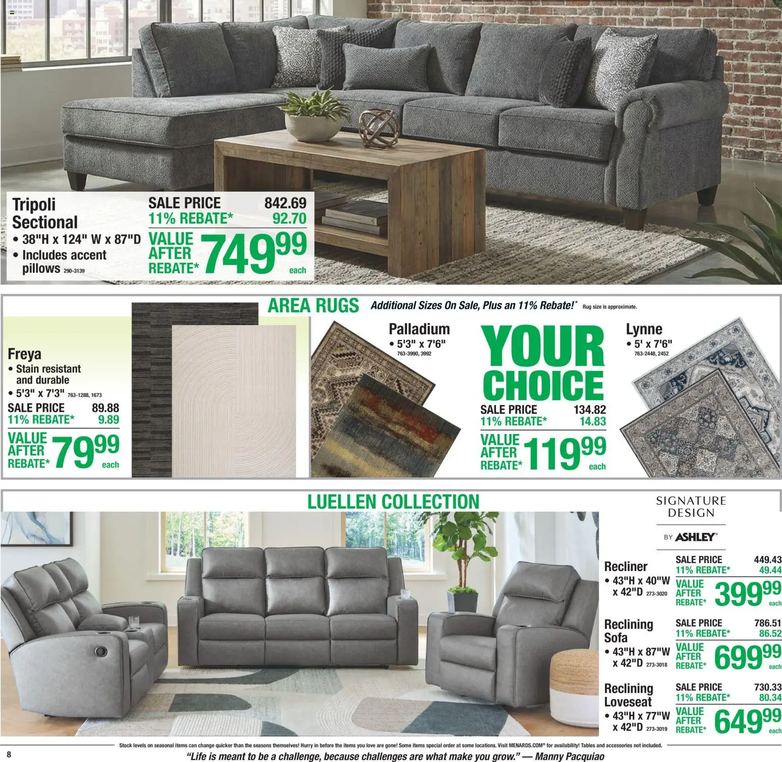 Menards Weekly Ad - valid from 08/13/2026 | Page: 11 | Products: Sofa, Loveseat, Recliner, Sectional