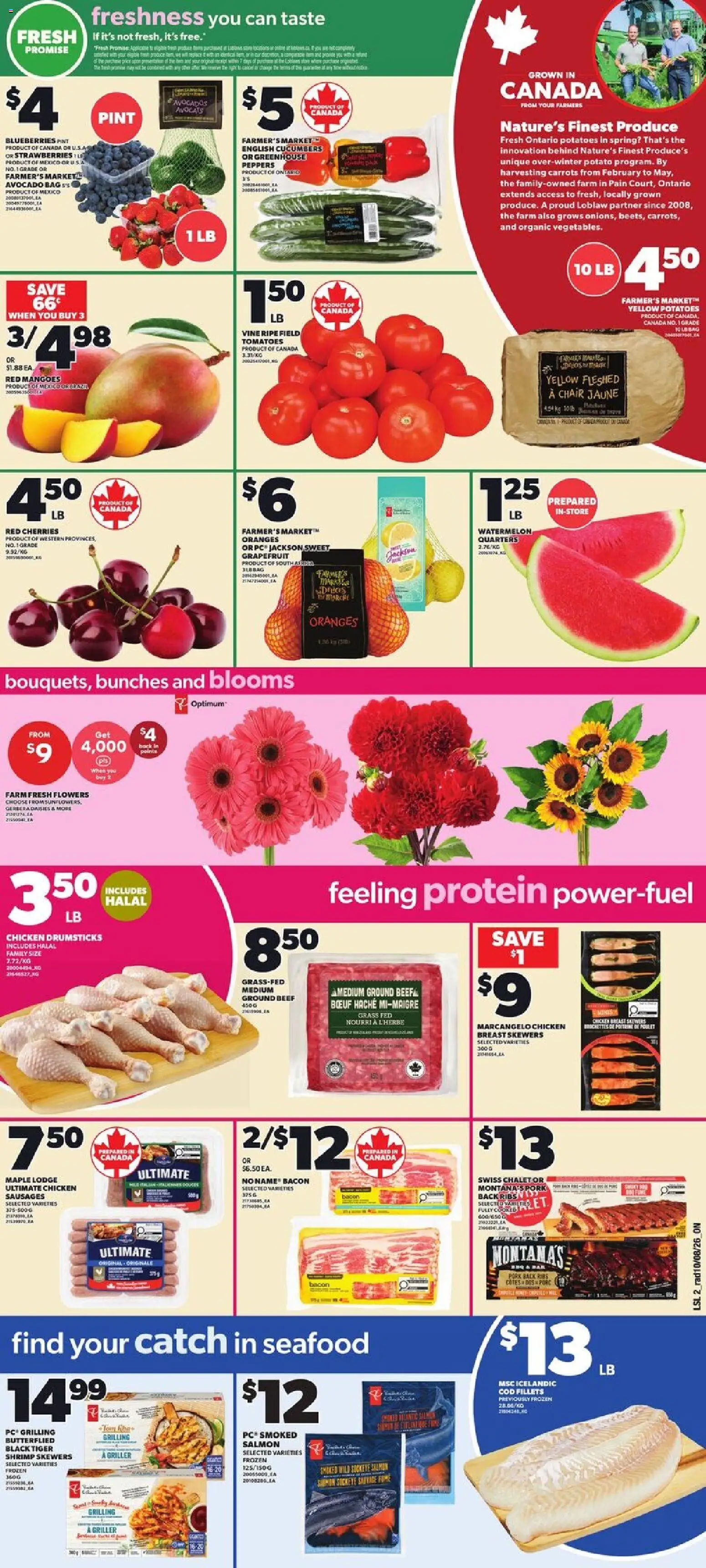 Loblaws flyer valid from Aug 13, 2026 | Page: 3 | Products: Drumsticks, Salmon, Potatoes, Oranges