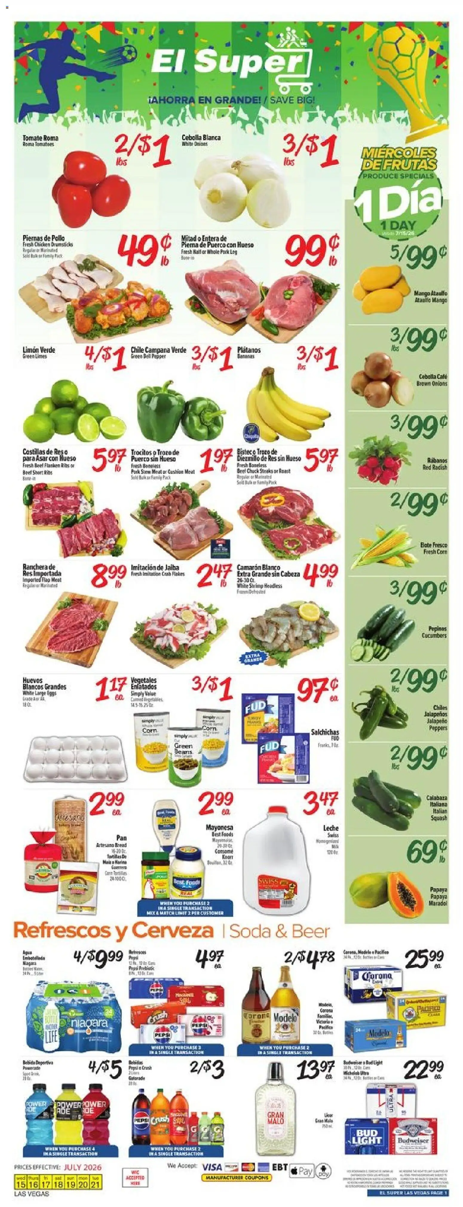 El Super Weekly Ad - NV - valid from 07/15/2026 | Page: 1 | Products: Squash, Pork, Tomatoes, Cushion