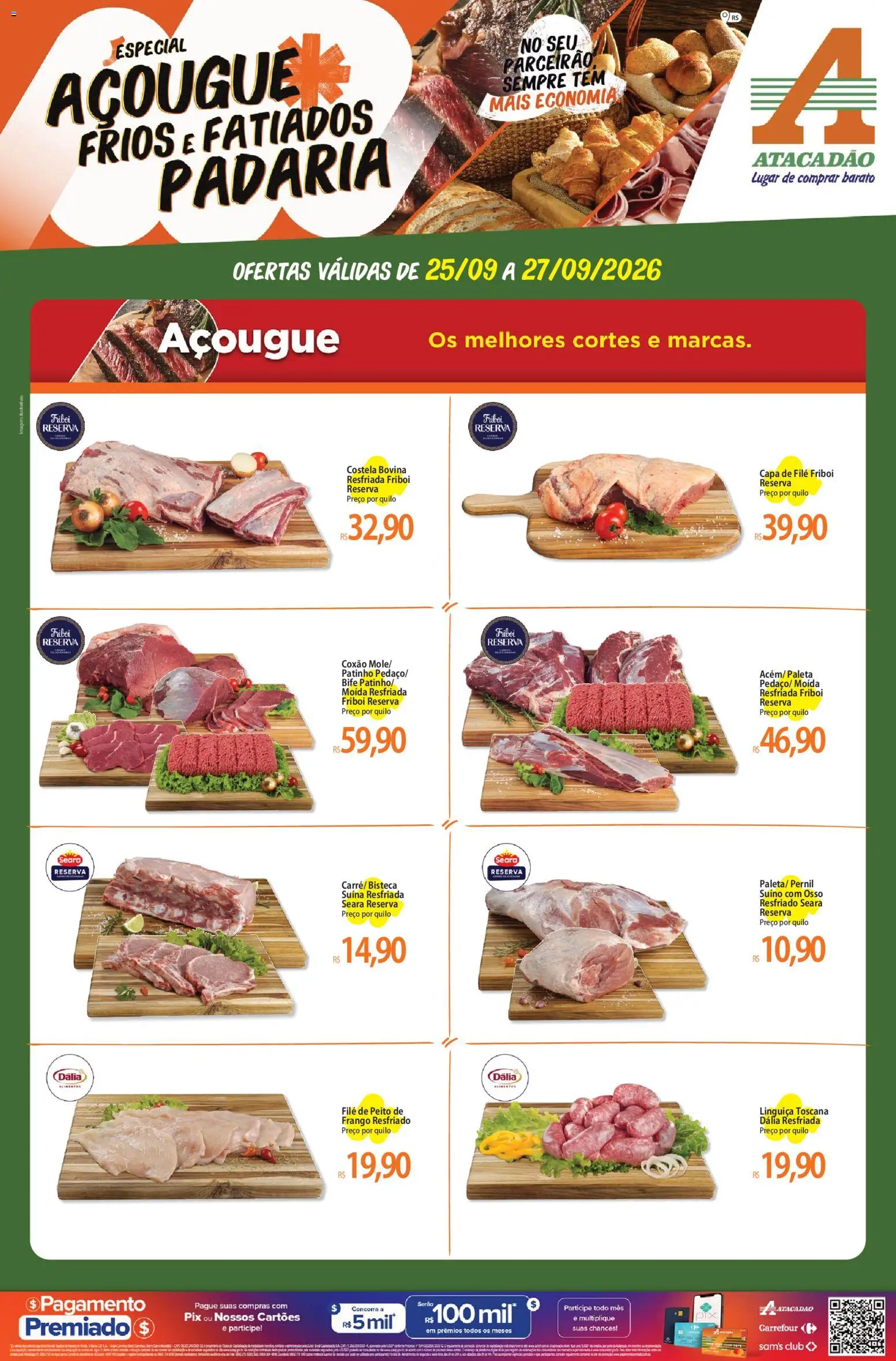 Atacadão Folheto - válido de 25/09/2026 | Página: 1 | Produtos: Linguiça, Costela bovina, Frango, Peito de frango