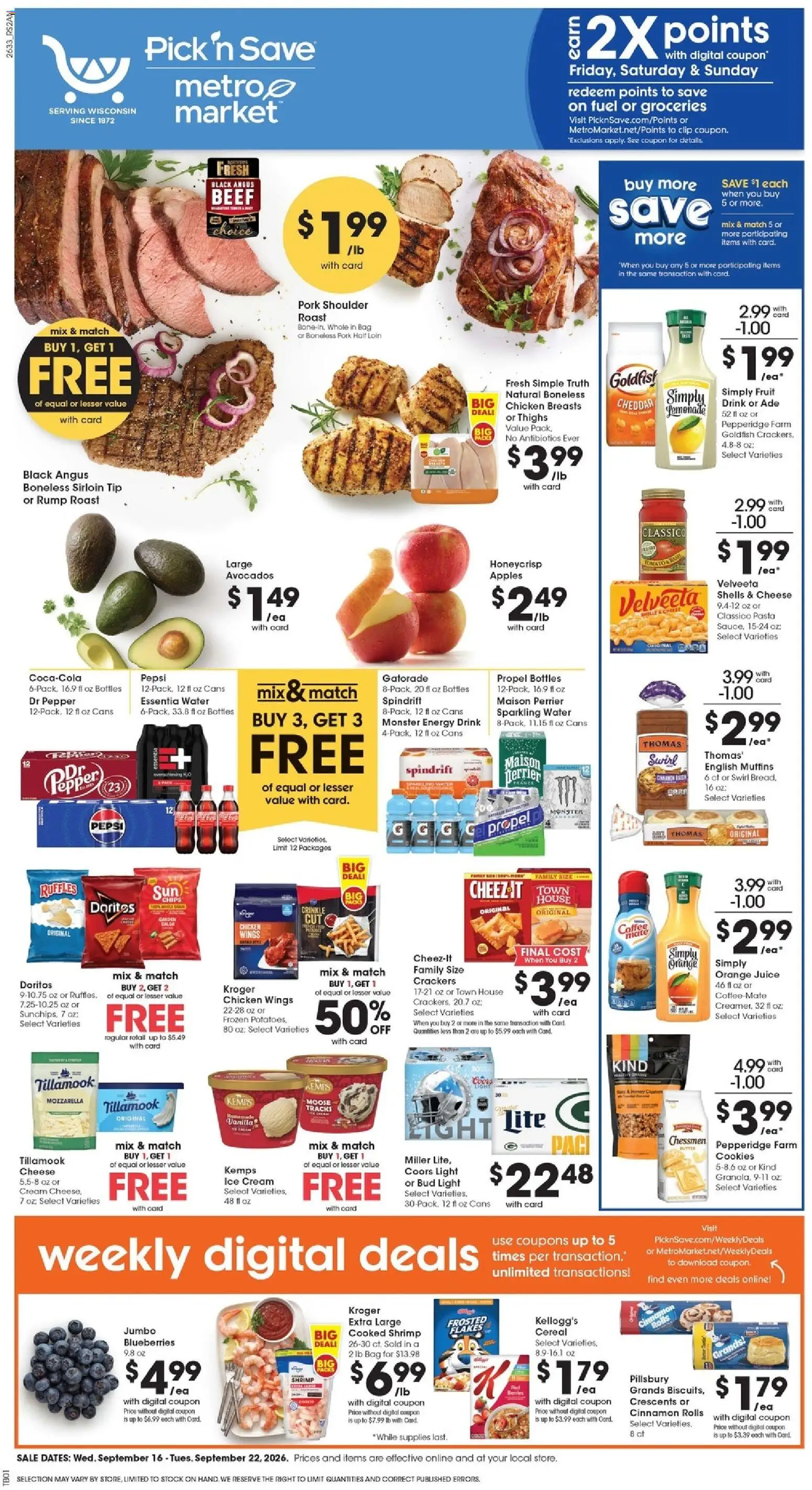 Pick ‘n Save Weekly Ad - valid from 09/16/2026 | Page: 1 | Products: Shrimp, Cheese, Coffee, Pasta