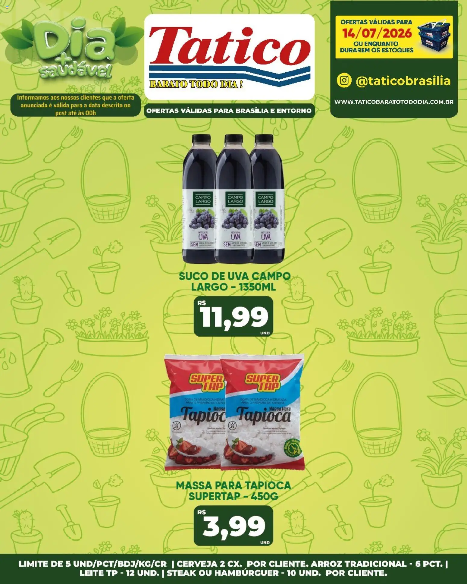 Tatico Folheto - válido de 14/07/2026 | Página: 19 | Produtos: Mandioca, Tapioca, Leite, Hambúrguer
