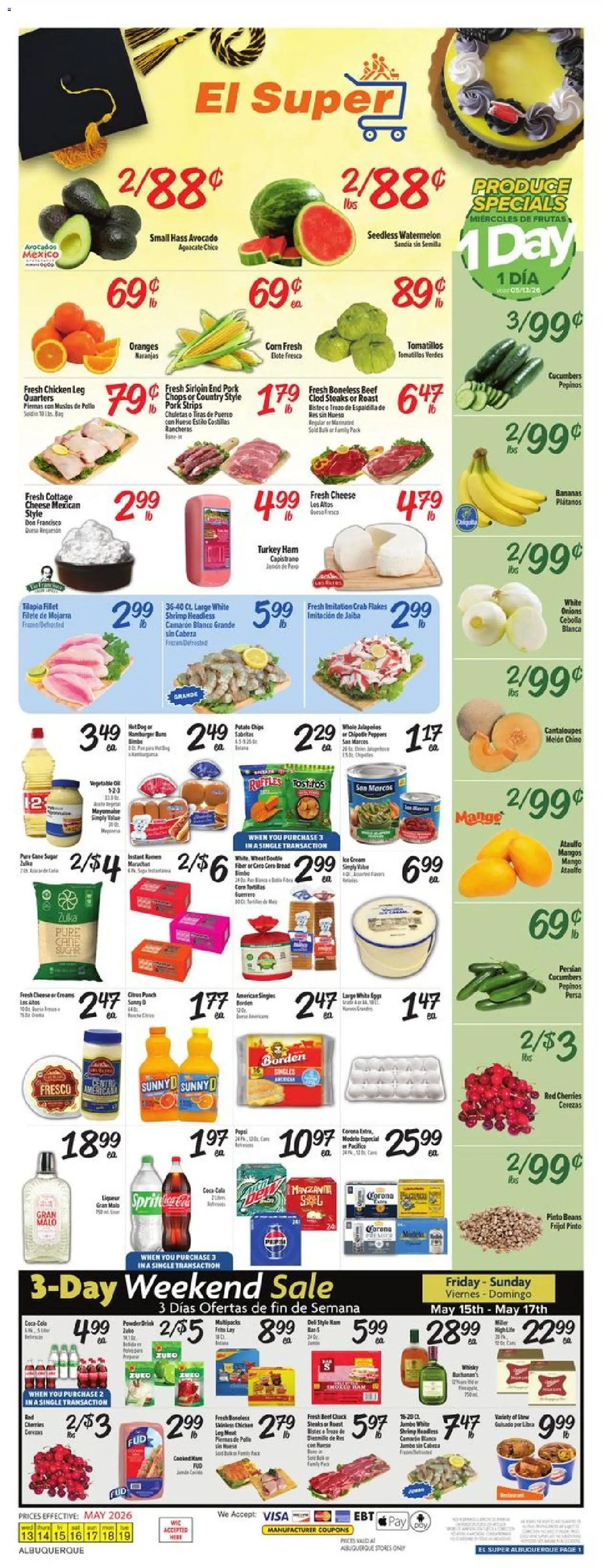 El Super Weekly Ad - NM - valid from 13.05.2026 | Page: 1 | Products: Cherries, Bread, Chips, Melon