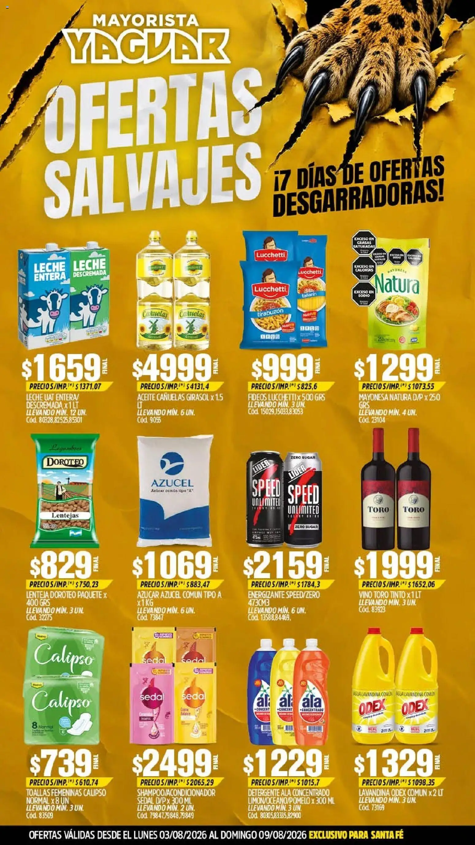 Yaguar - Oferta Semanal Santa Fé │ válido desde el 03/08/2026 | Página: 1 | Productos: Toallas, Lentejas, Leche, Vino