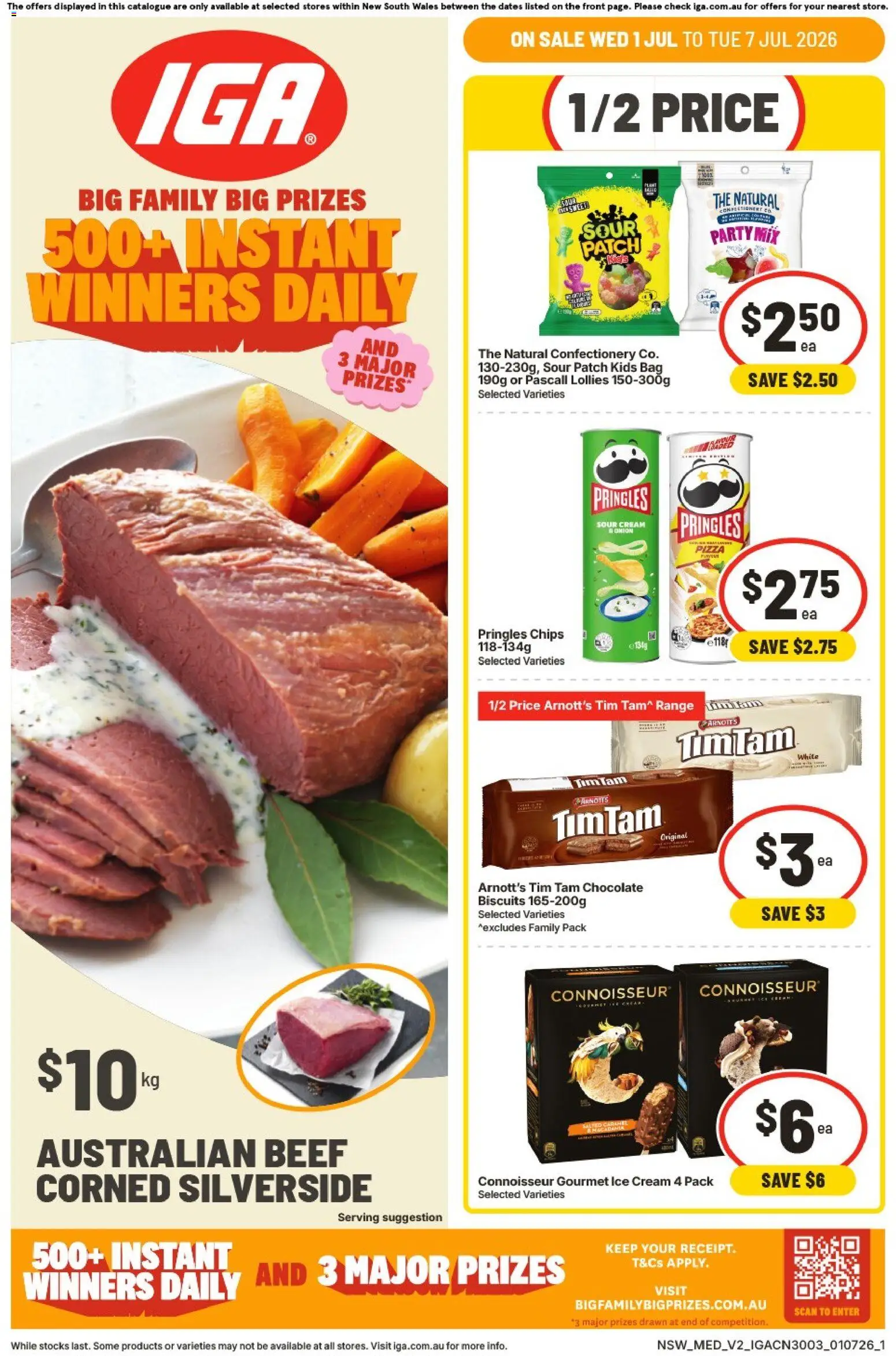 IGA catalogue - valid from 01/07/2026 | Page: 1 | Products: Beef, Chips, Biscuits, Bag