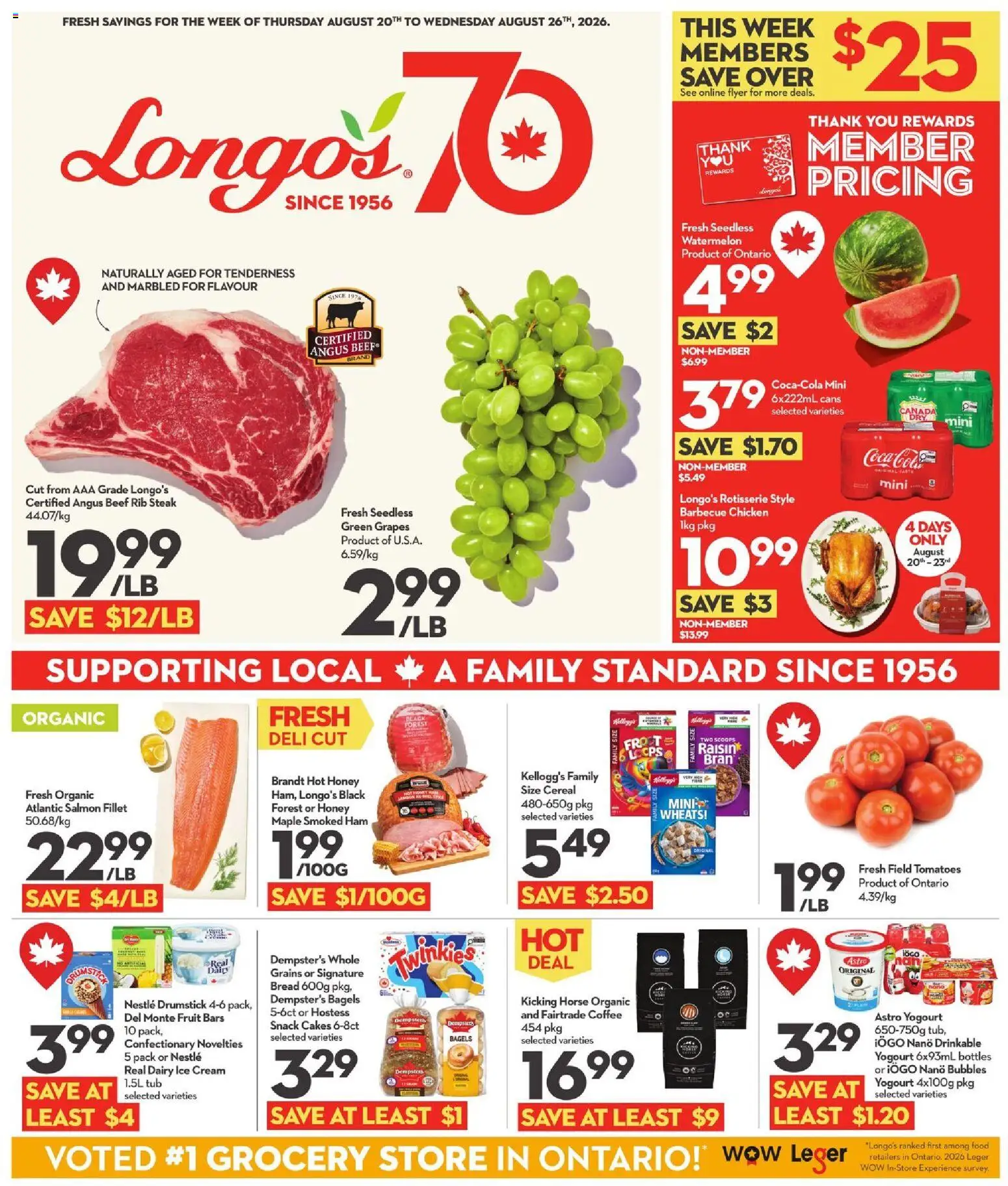 Longo's flyer valid from Aug 20, 2026 | Page: 1 | Products: Fillet, Steak, Honey, Chicken