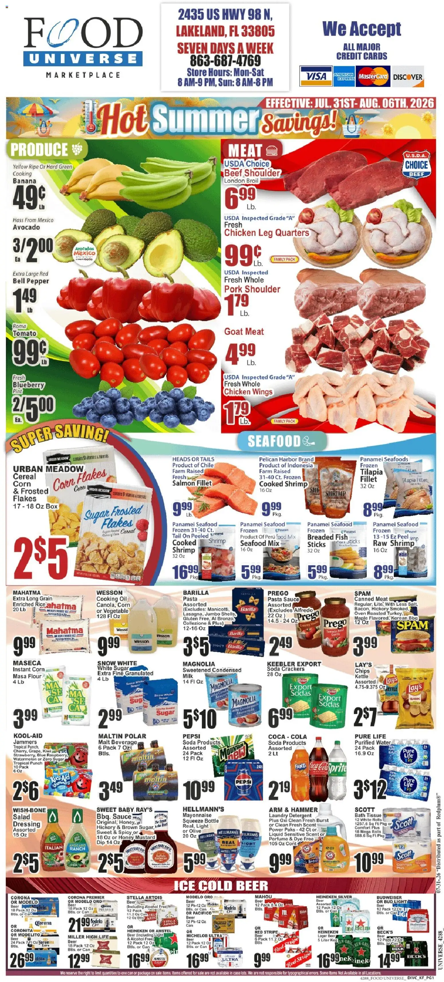 Food Universe Weekly Ad - valid from 07/31/2026 | Page: 1 | Products: Corn, Perfume, Pasta, Water