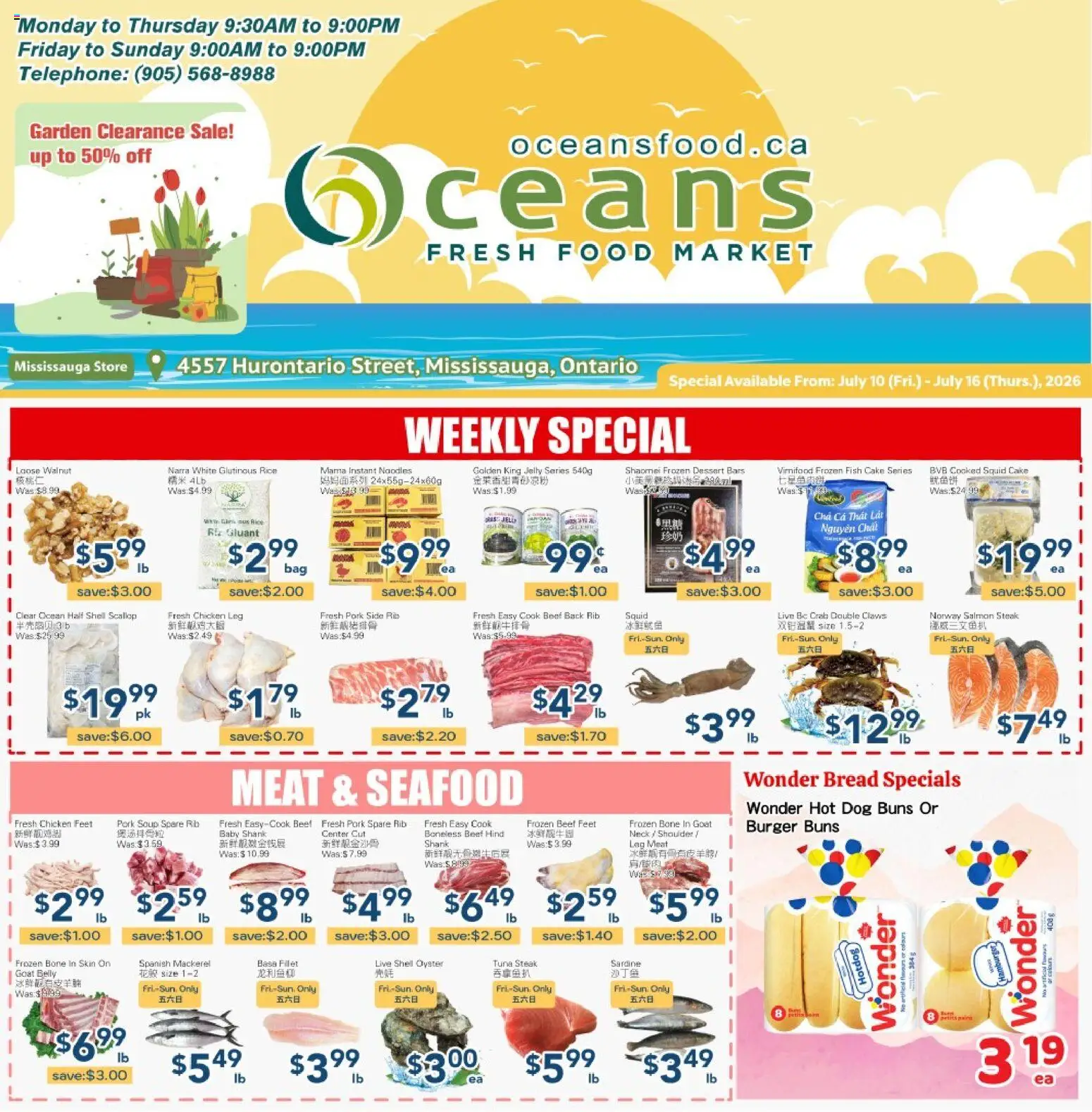 Oceans flyer valid from Jul 10, 2026 | Page: 1 | Products: Noodles, Beef, Bread, Chicken