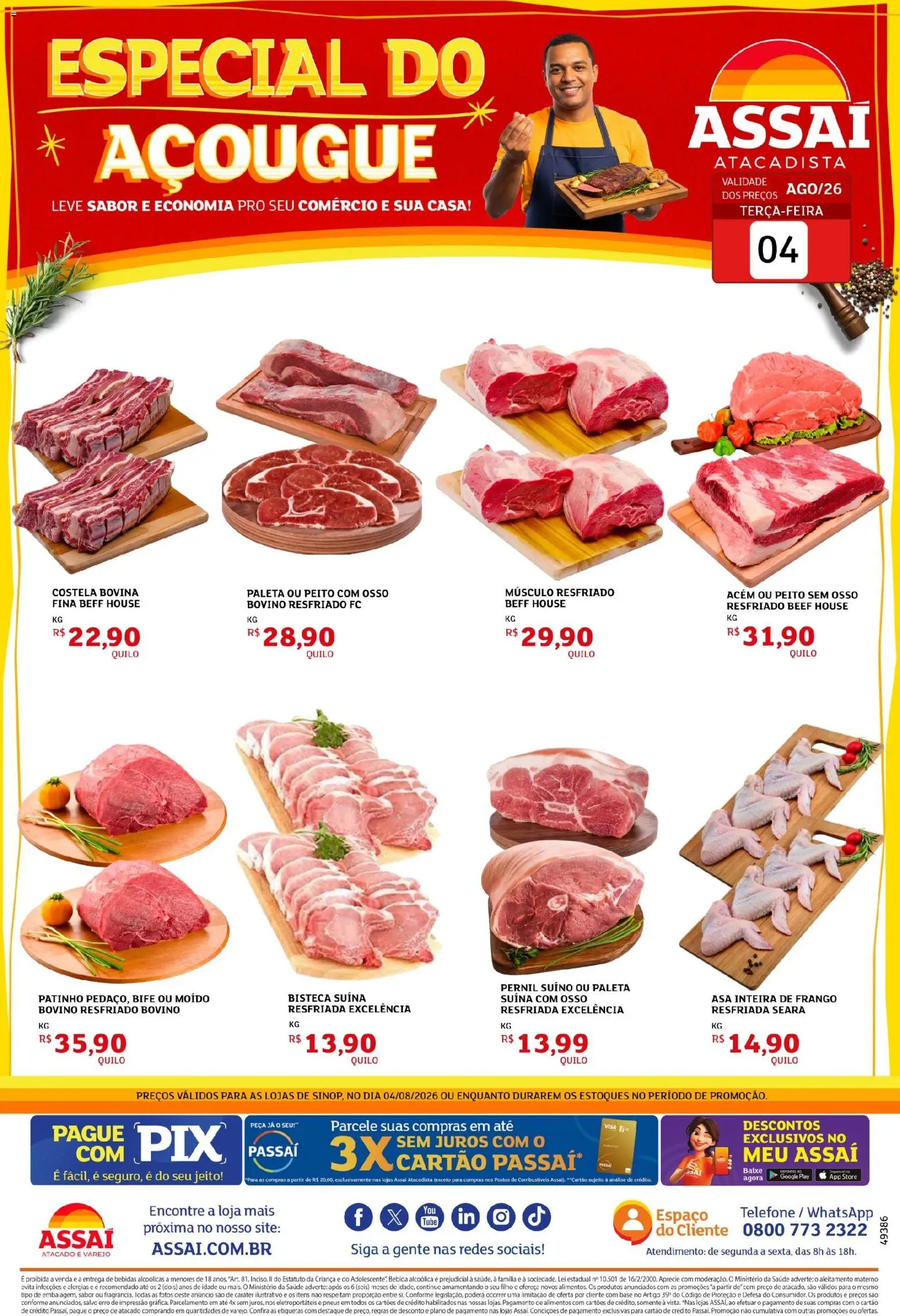 Assaí Atacadista Folheto - válido de 04/08/2026 | Página: 1 | Produtos: Acém, Pernil, Bebida, Telefone