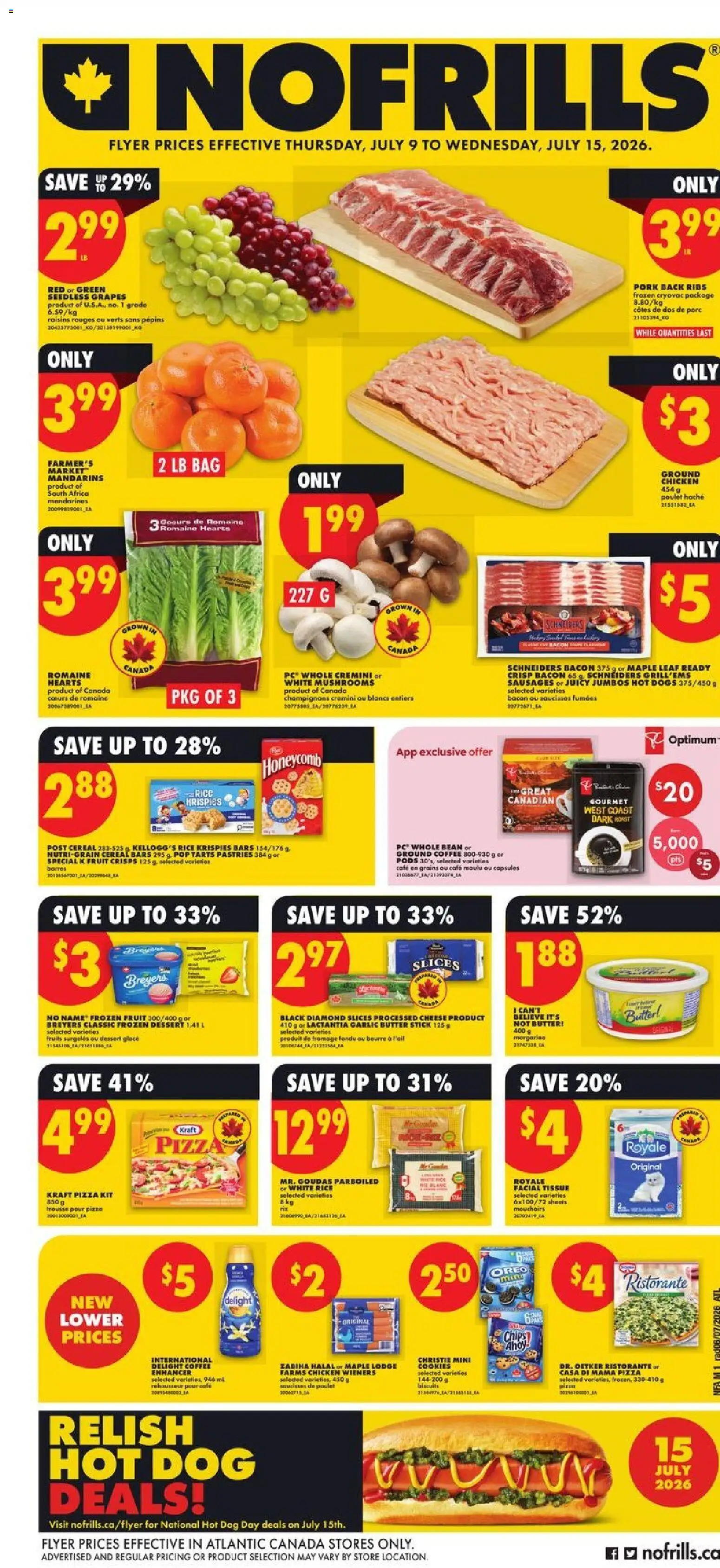 No Frills flyer valid from Jul 9, 2026 | Page: 1 | Products: Bag, Cheese, Pizza, Pork