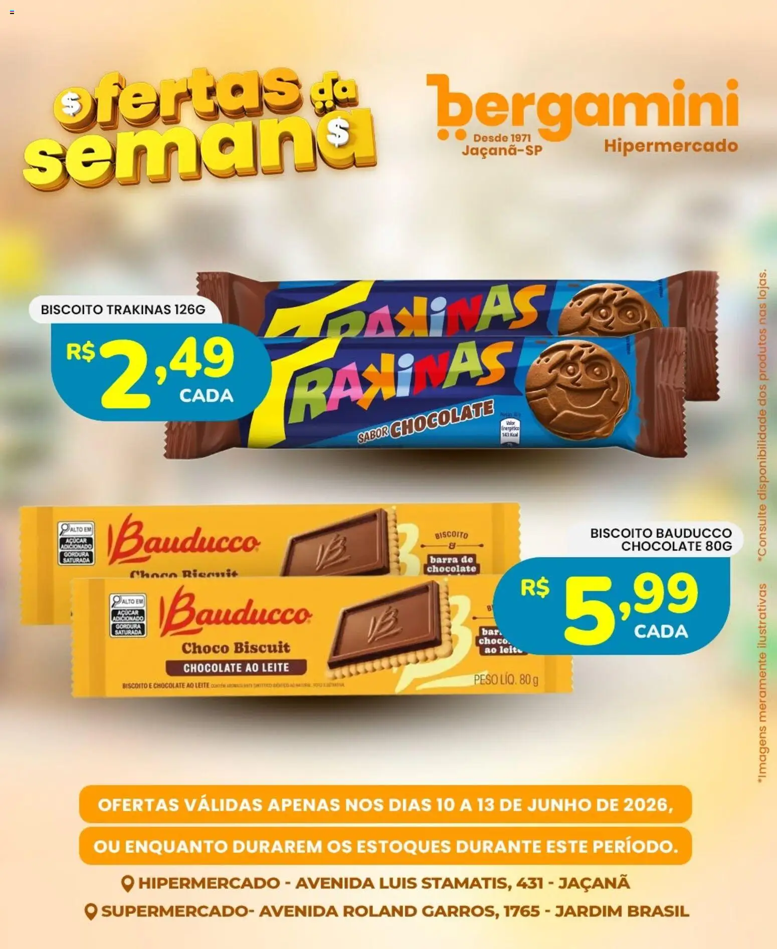 Supermercado Bergamini Folheto - válido de 10.06.2026 | Página: 13 | Produtos: Biscoito, Leite, Chocolate, Açúcar
