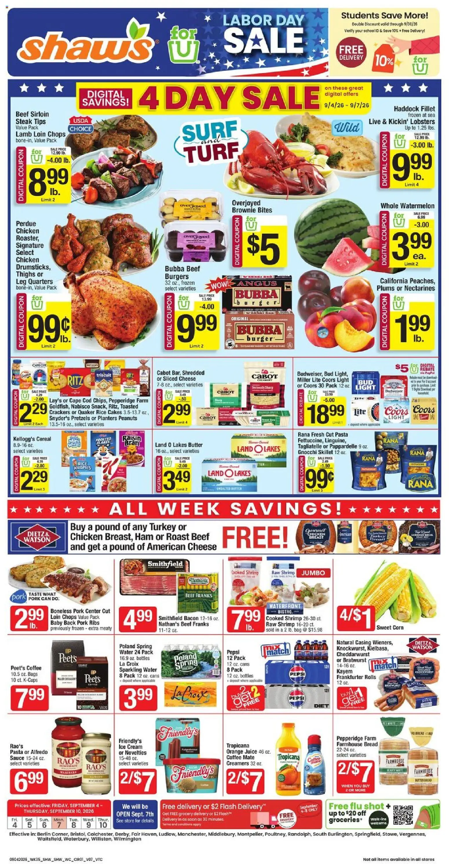 Shaw's Weekly Ad - VT - valid from 09/04/2026 | Page: 1 | Products: Pork ribs, Bread, Water, Steak