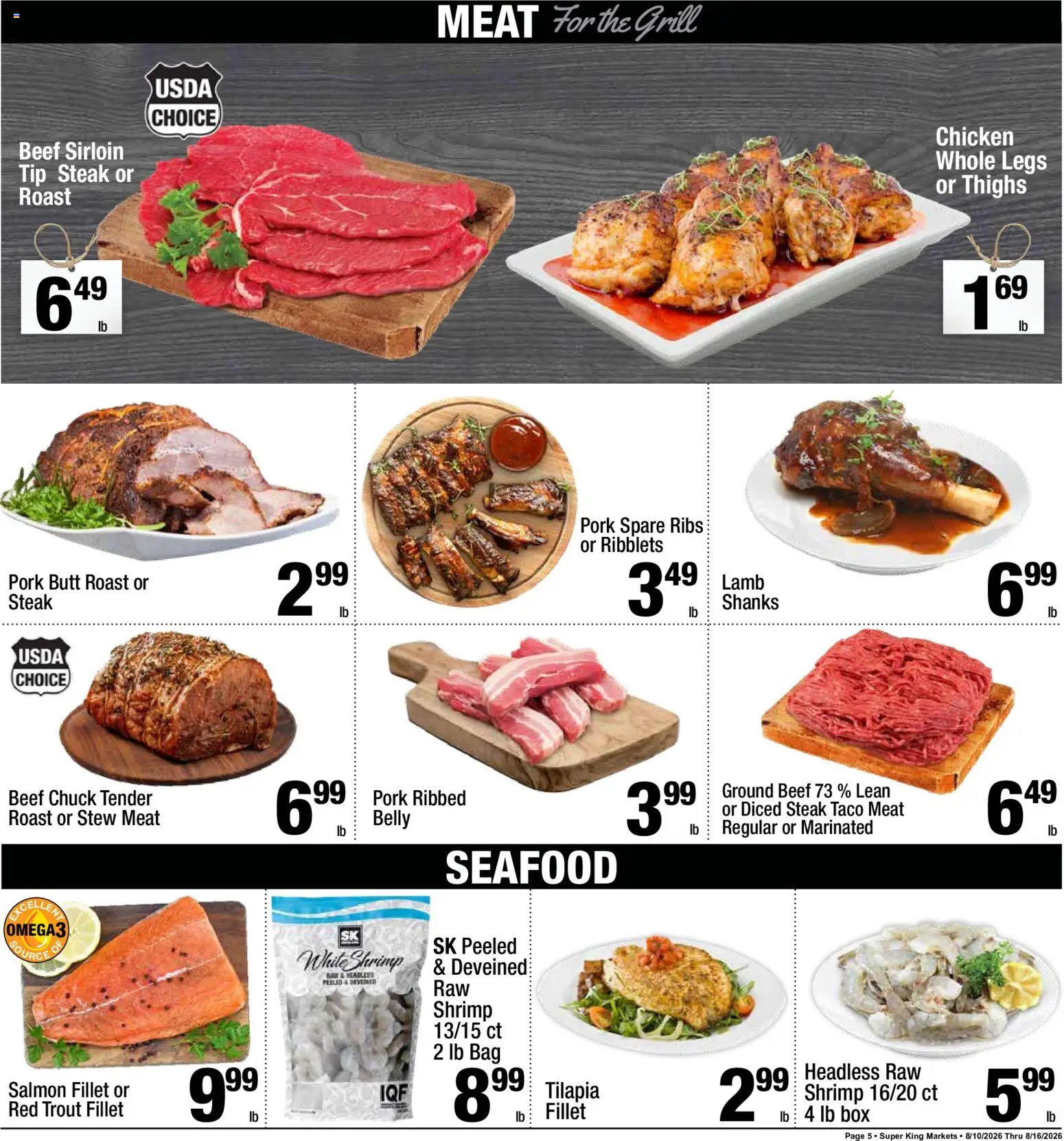 Super King Ad - valid from 08/10/2026 | Page: 6 | Products: Shrimp, Trout, Beef sirloin, Steak