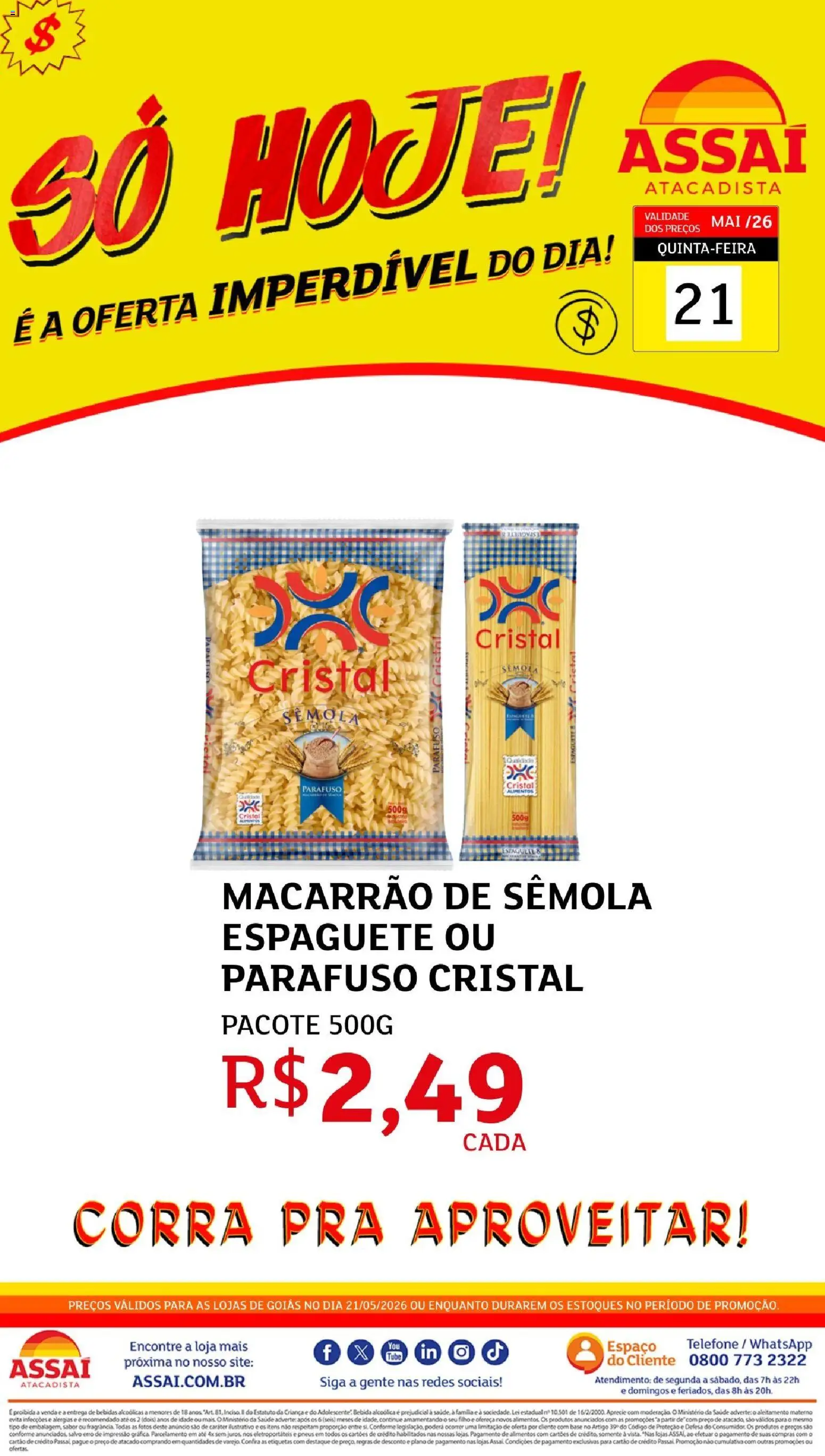 Assaí Atacadista Folheto - válido de 21.05.2026 | Página: 1 | Produtos: Pneus, Base, Macarrão, Telefone