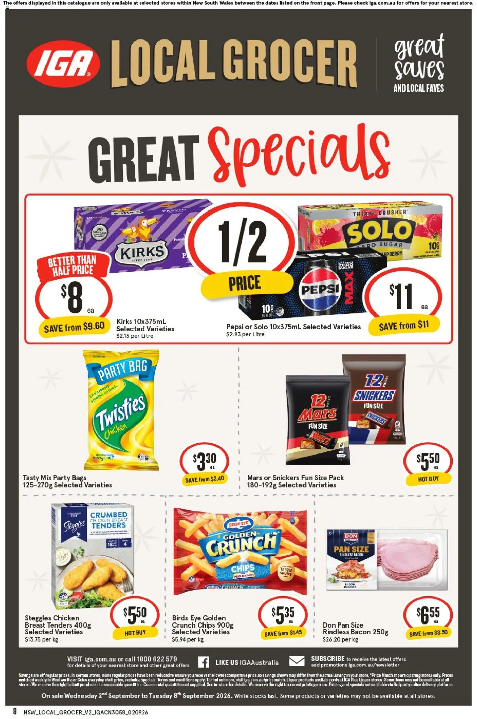 IGA catalogue - valid from 02/09/2026 | Page: 2 | Products: Bacon, Pepsi, Chips, Snickers