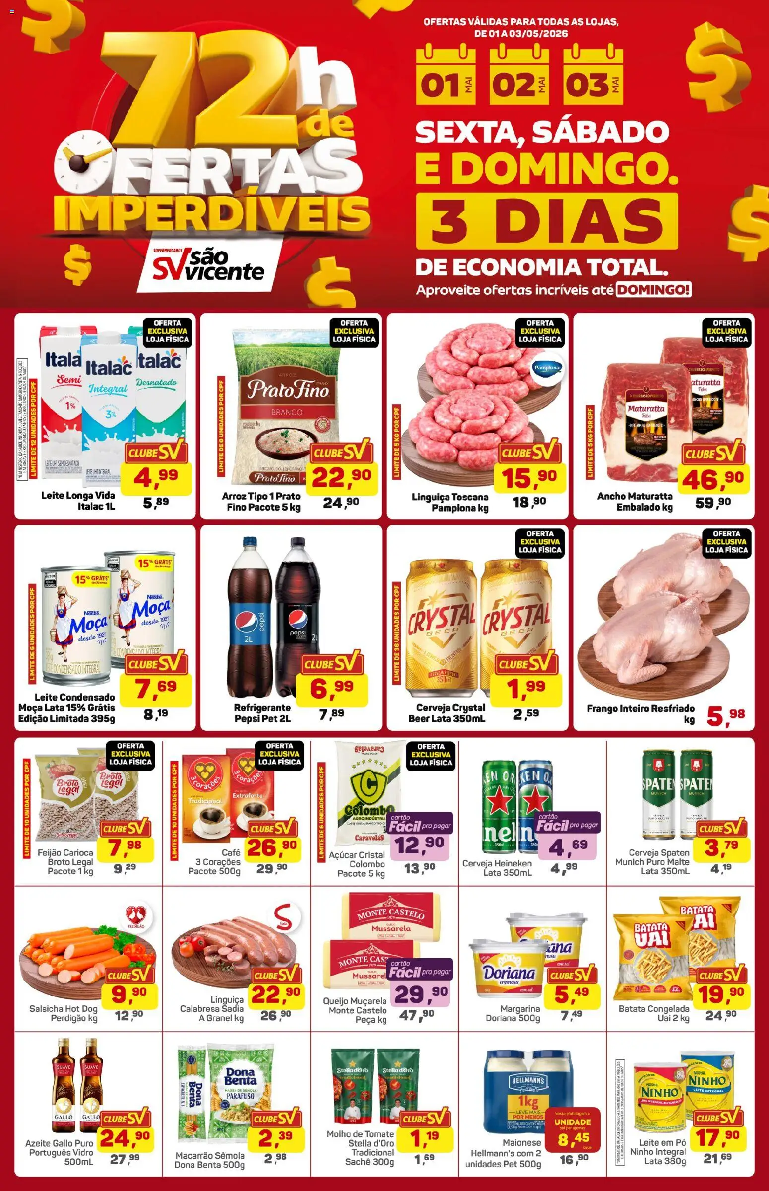 Supermercados São Vicente Folheto - válido de 01.05.2026 | Página: 1 | Produtos: Molho de tomate, Arroz, Macarrão, Margarina