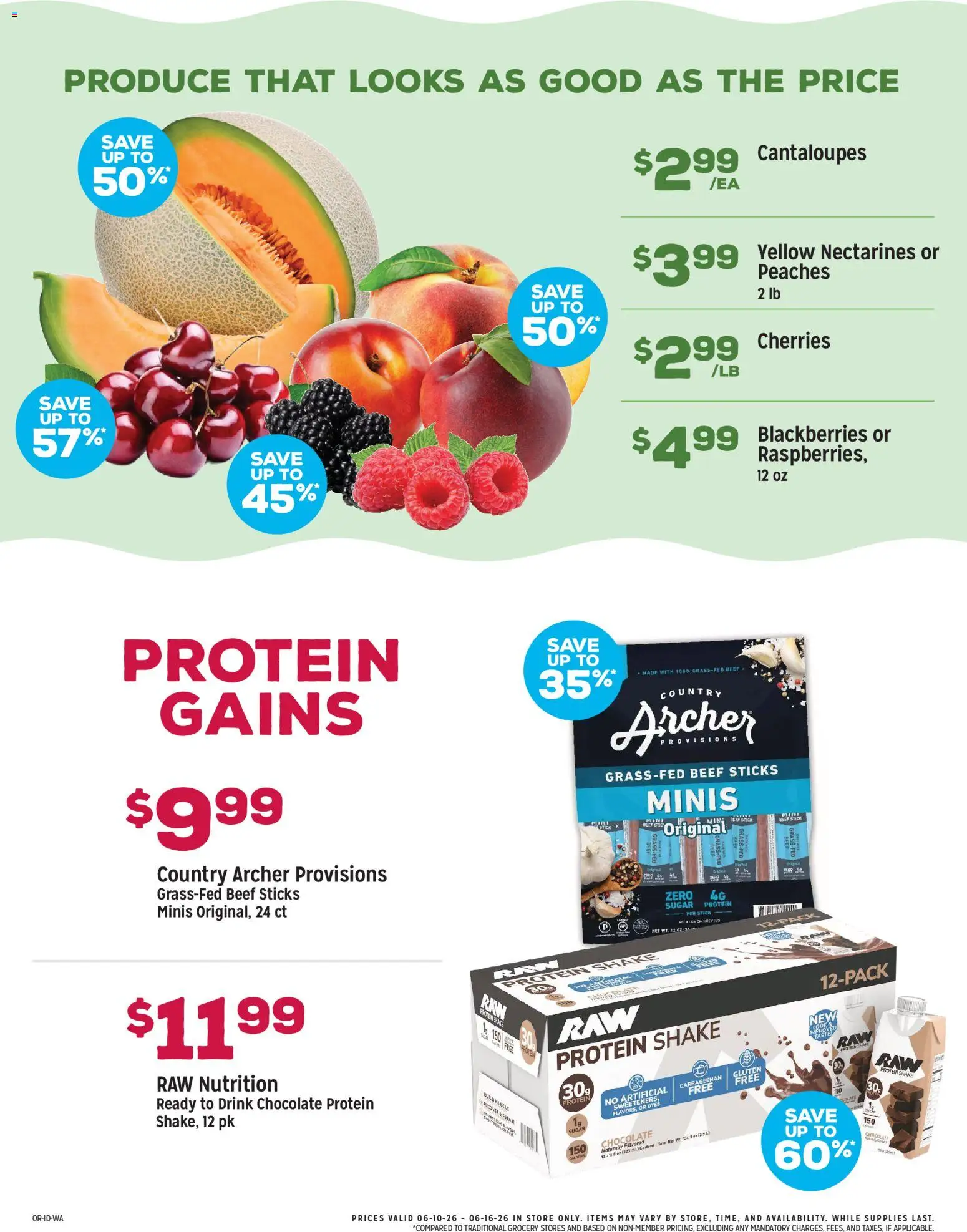 Grocery Outlet Weekly Ad - ID - valid from 10.06.2026 | Page: 2 | Products: Cantaloupes, Peaches, Chocolate, Beef
