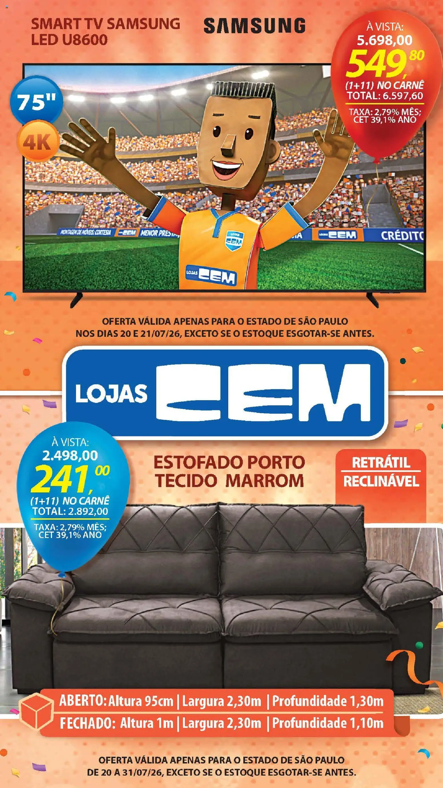 Lojas Cem Folheto - válido de 20/07/2026 | Página: 5 | Produtos: smart TV, Tv, Tecido, Carne