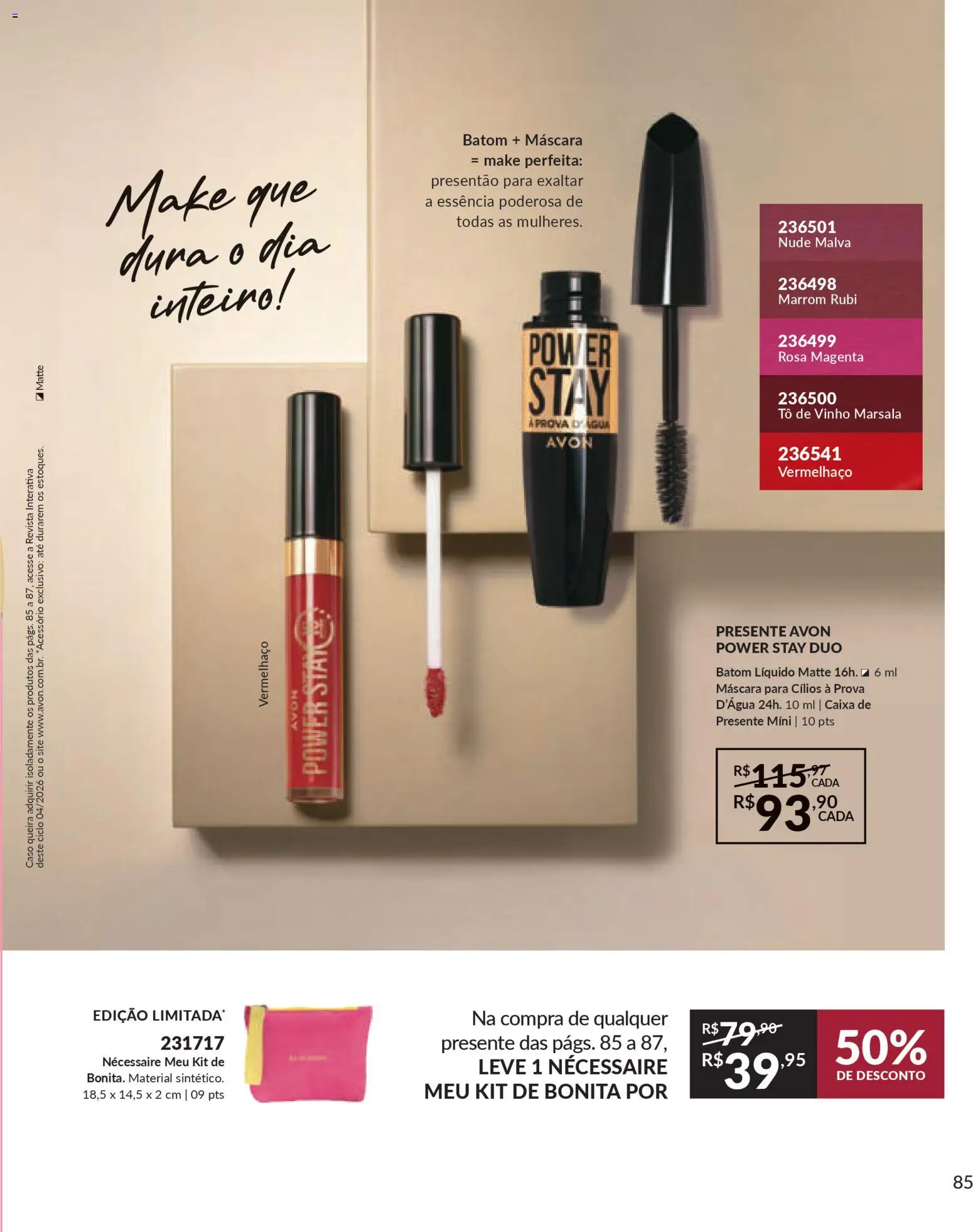 Avon Folheto - válido de 18.02.2026 | Página: 85 | Produtos: Máscara para cílios, Necessaire, Revista, Vinho