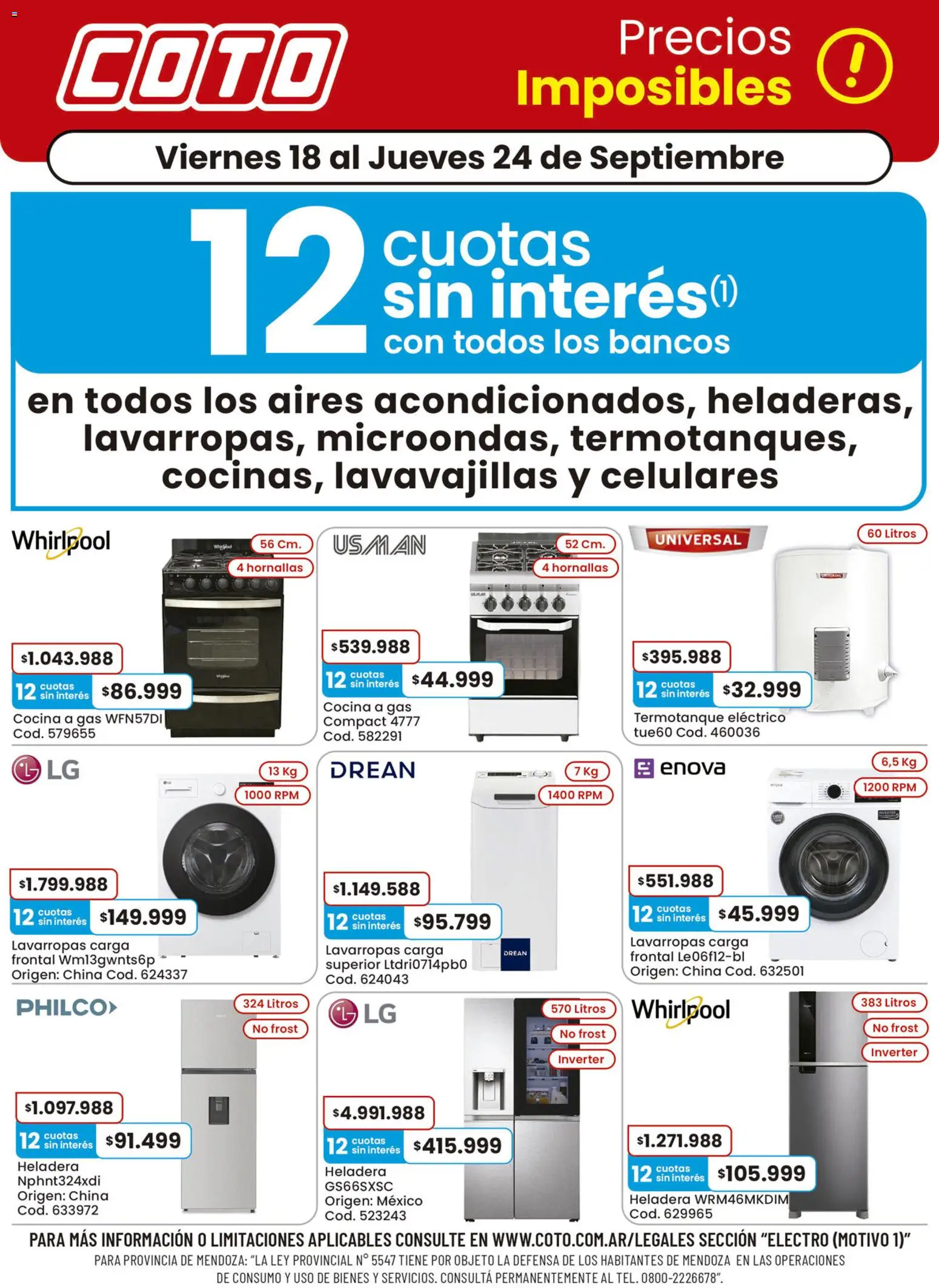 Coto - Electro Motivo 1 │ válido desde el 18/09/2026 | Página: 1 | Productos: Top, Lavarropas, Heladera, Termotanque
