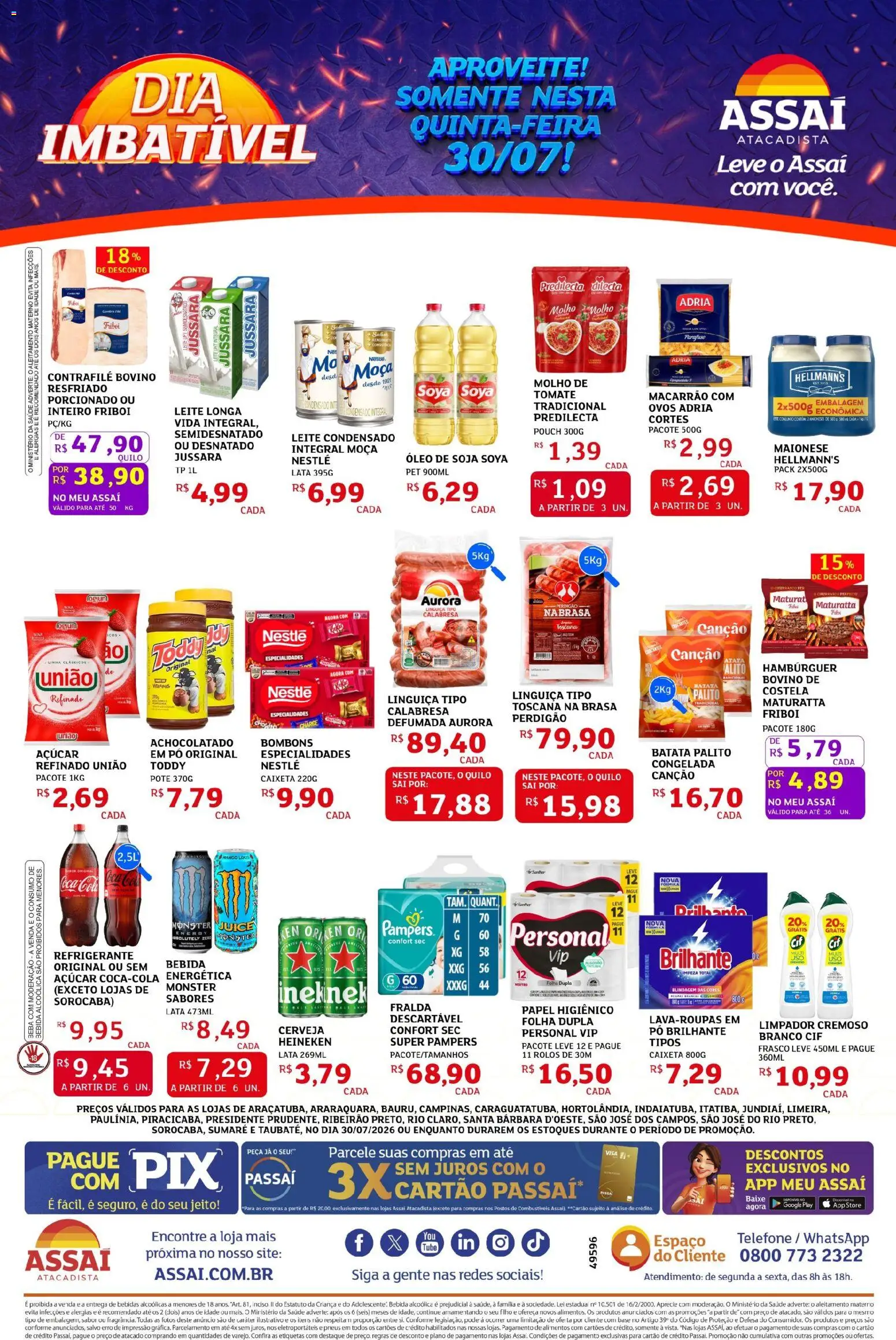 Assaí Atacadista Folheto - válido de 30/07/2026 | Página: 1 | Produtos: Leite, Heineken, Hambúrguer, Batata