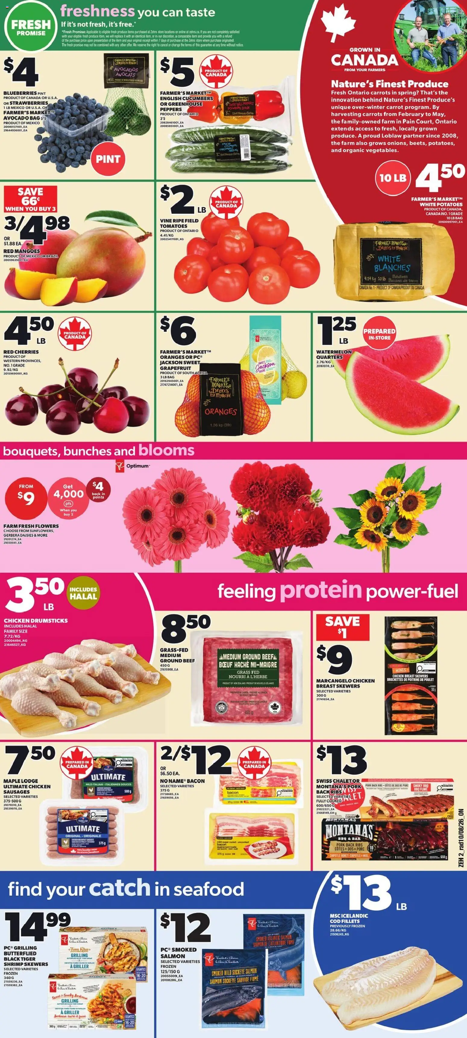 Zehrs flyer valid from Aug 13, 2026 | Page: 3 | Products: Drumsticks, Salmon, Flowers, Oranges