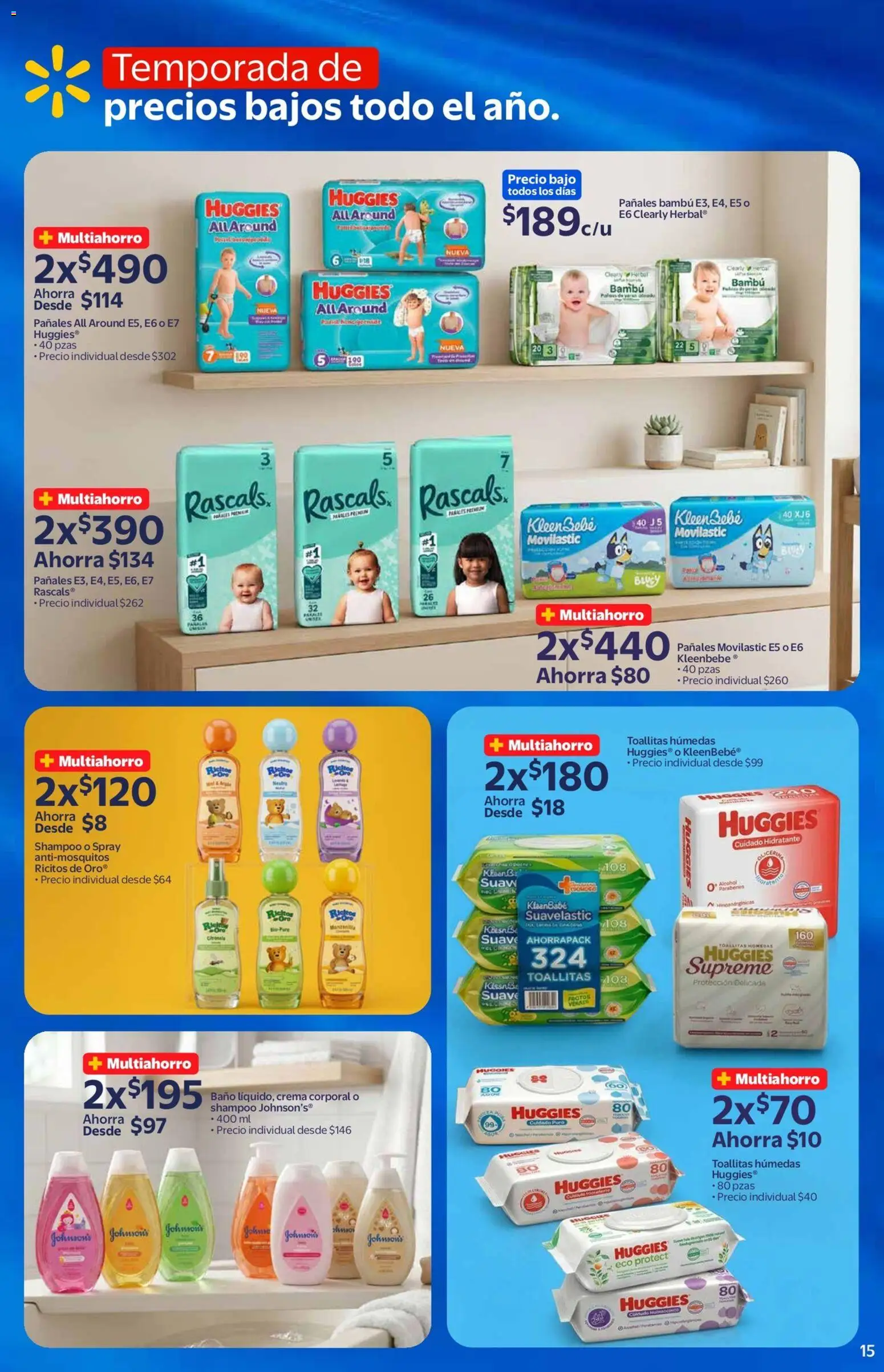 Nuevas ofertas de Walmart válidas en toda la República Mexicana desde el 03.06.2026. ¡Encuentra las mejores ofertas en Walmart folleto! | Página: 15 | Productos: Toallitas húmedas, Pañales, Baño, Crema corporal