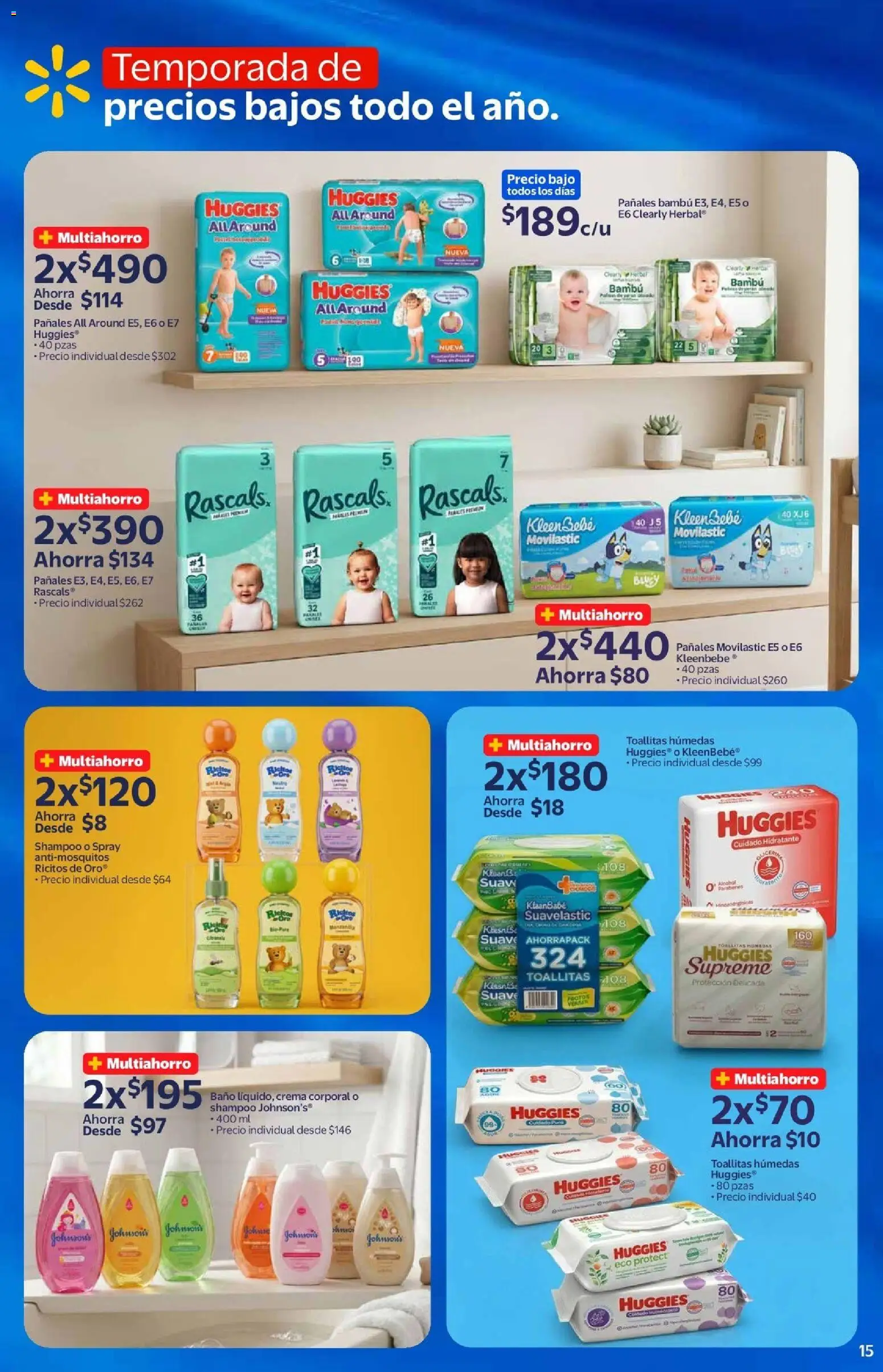 Nuevas ofertas de Walmart válidas en toda la República Mexicana desde el 03/06/2026. ¡Encuentra las mejores ofertas en Walmart folleto! | Página: 15 | Productos: Crema, Toallitas húmedas, Pañales, Baño