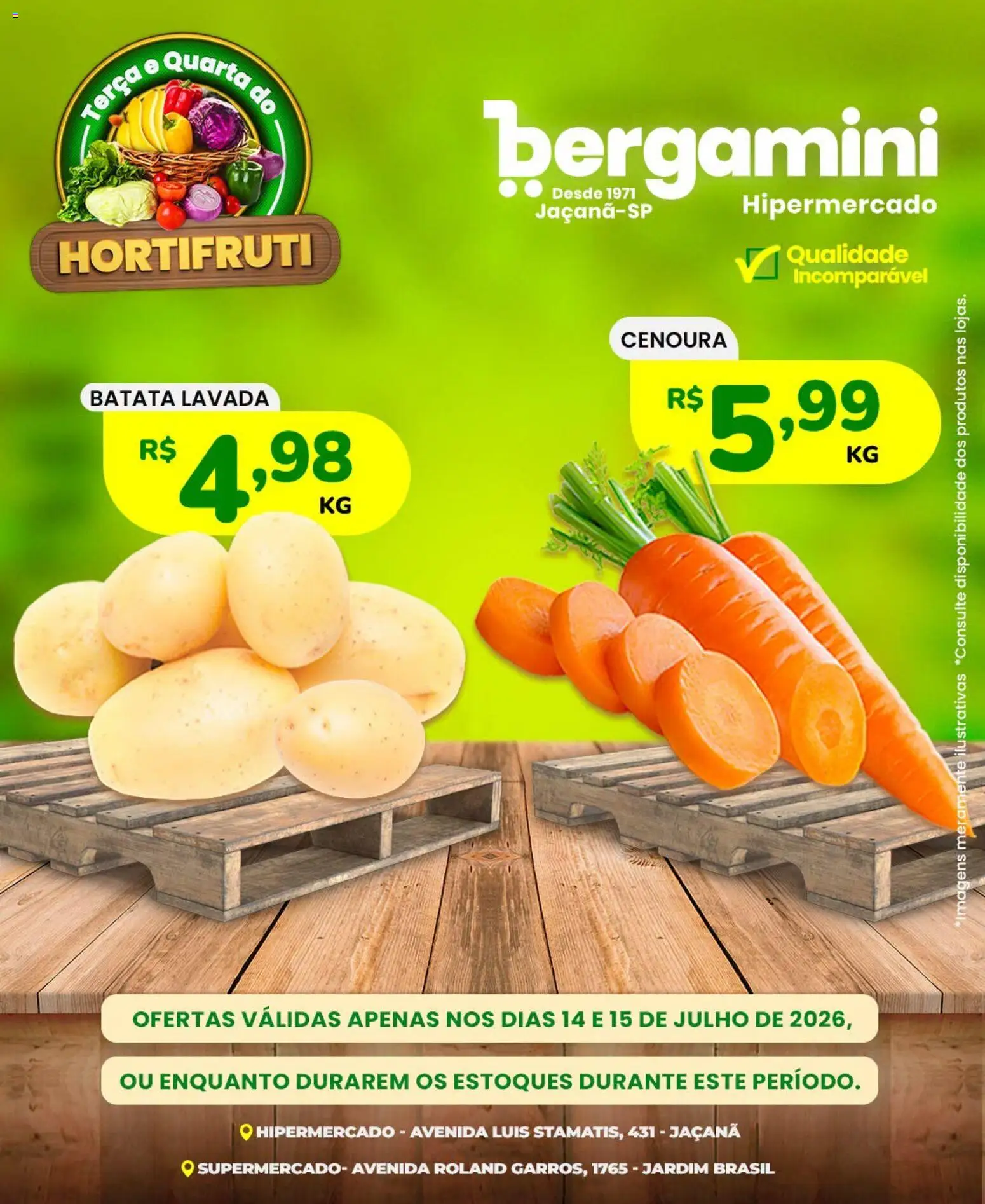 Supermercado Bergamini Folheto - válido de 14/07/2026 | Página: 1 | Produtos: Cenoura, Batata