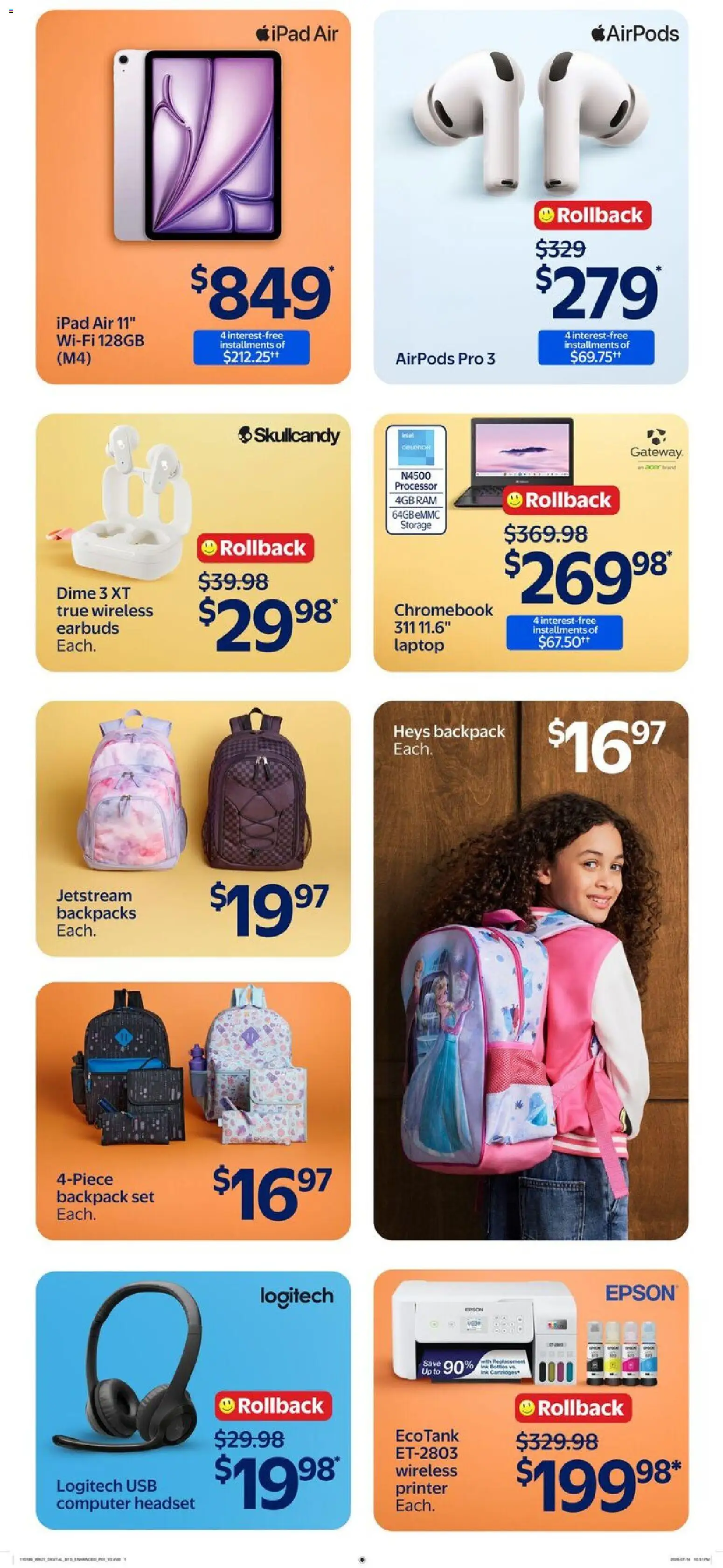 Walmart flyer valid from Aug 13, 2026 | Page: 12 | Products: Backpack, Printer, Laptop, Shoes