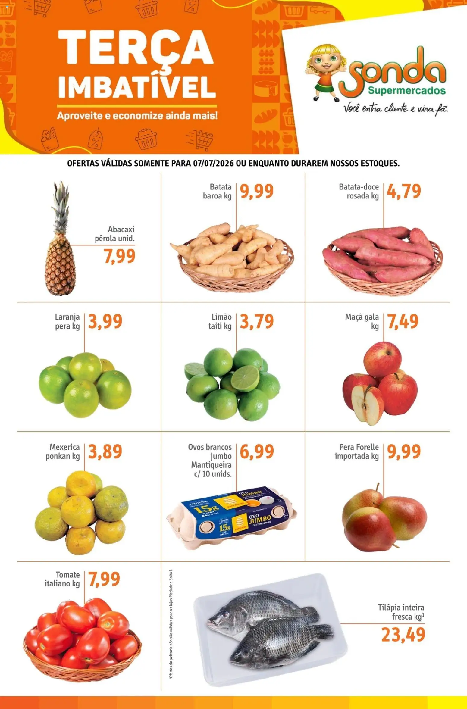 Sonda Folheto - válido de 07/07/2026 | Página: 1 | Produtos: Ovos, Tilápia, Abacaxi, Batata