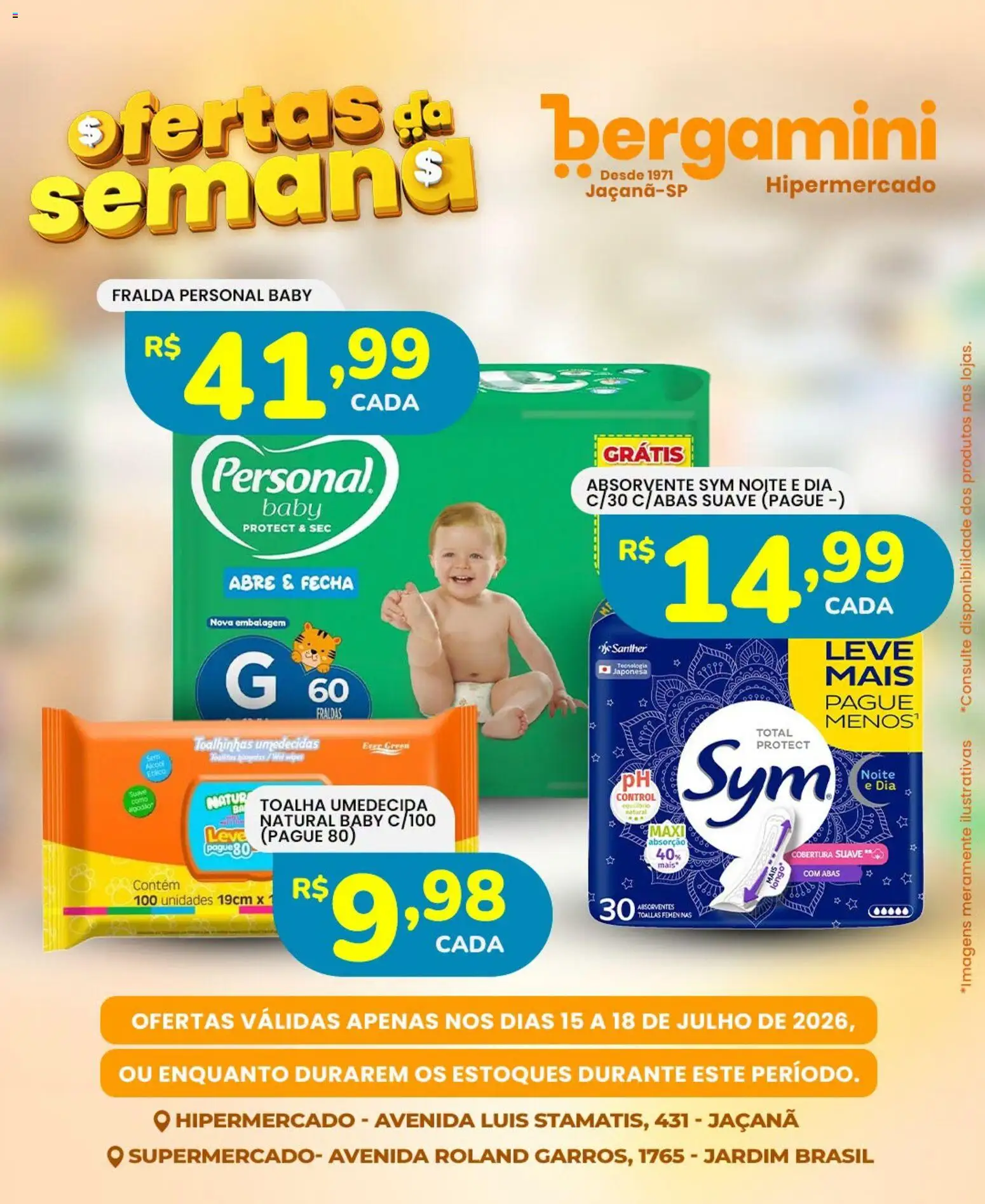 Supermercado Bergamini Folheto - válido de 15/07/2026 | Página: 14 | Produtos: Fraldas, Absorvente, Toalha umedecida