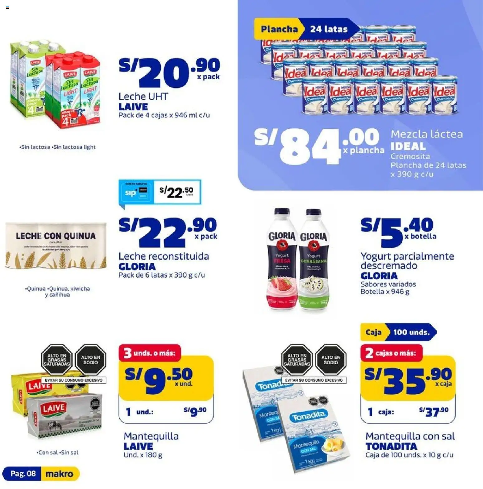 Catálogo Makro válido desde 30/07/2026 | Página: 8 | Productos: Caja, Leche, Mantequilla, Yogurt