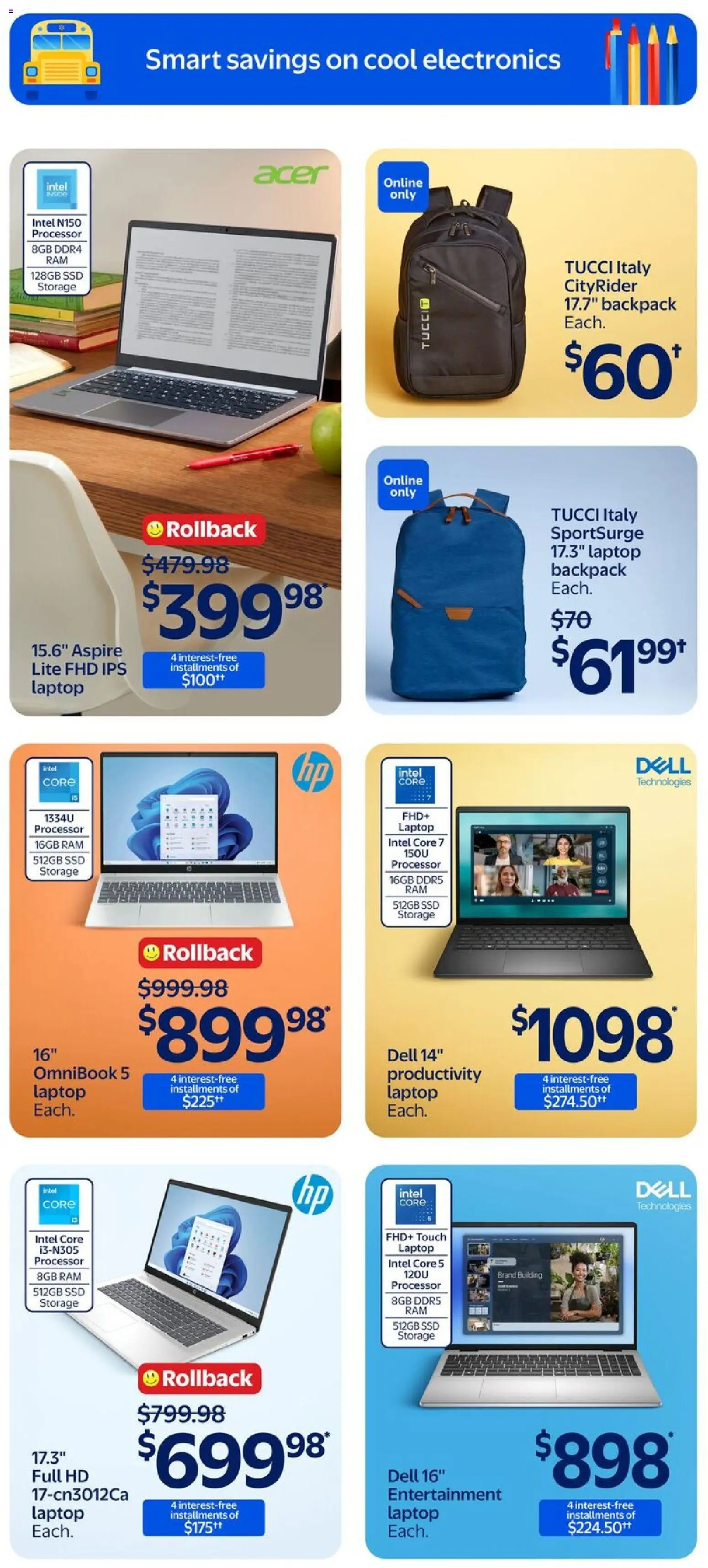 Walmart flyer valid from Aug 13, 2026 | Page: 13 | Products: Backpack, Laptop