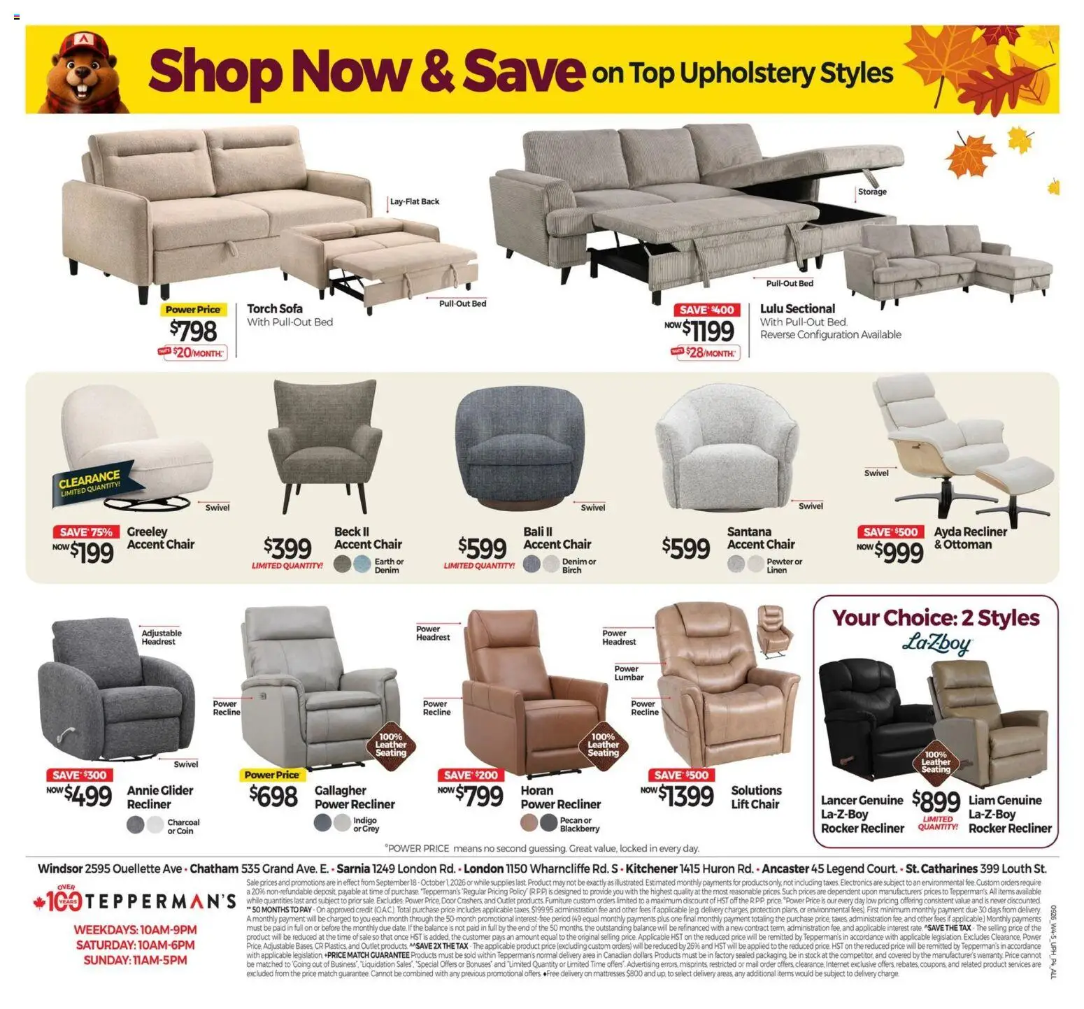 Tepperman's flyer valid from Sep 25, 2026 | Page: 4 | Products: Mattresses, Sofa, Charcoal, Door
