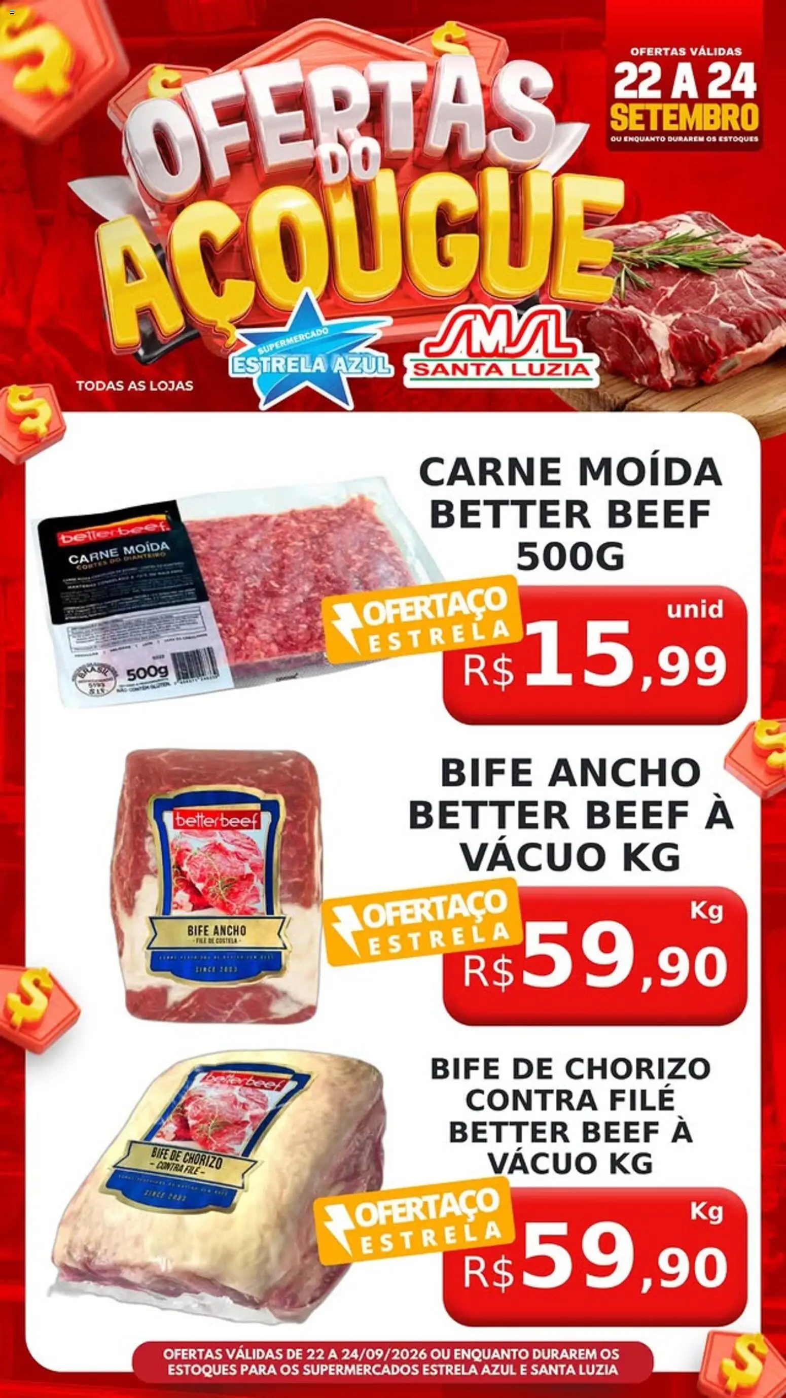 Estrela Azul Folheto - válido de 22/09/2026 | Página: 1 | Produtos: Bife ancho, Contra filé, Carne, Carne moída
