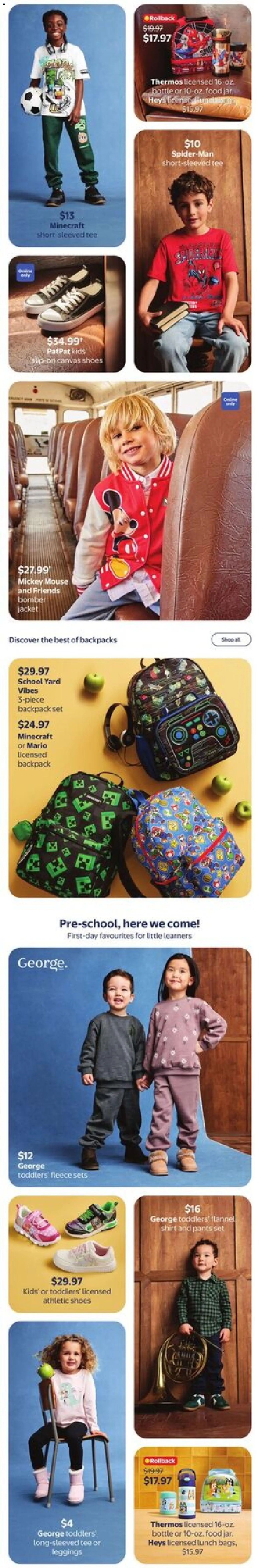 Walmart flyer valid from Jul 30, 2026 | Page: 4 | Products: Backpack, T-shirt, Jacket, Pants