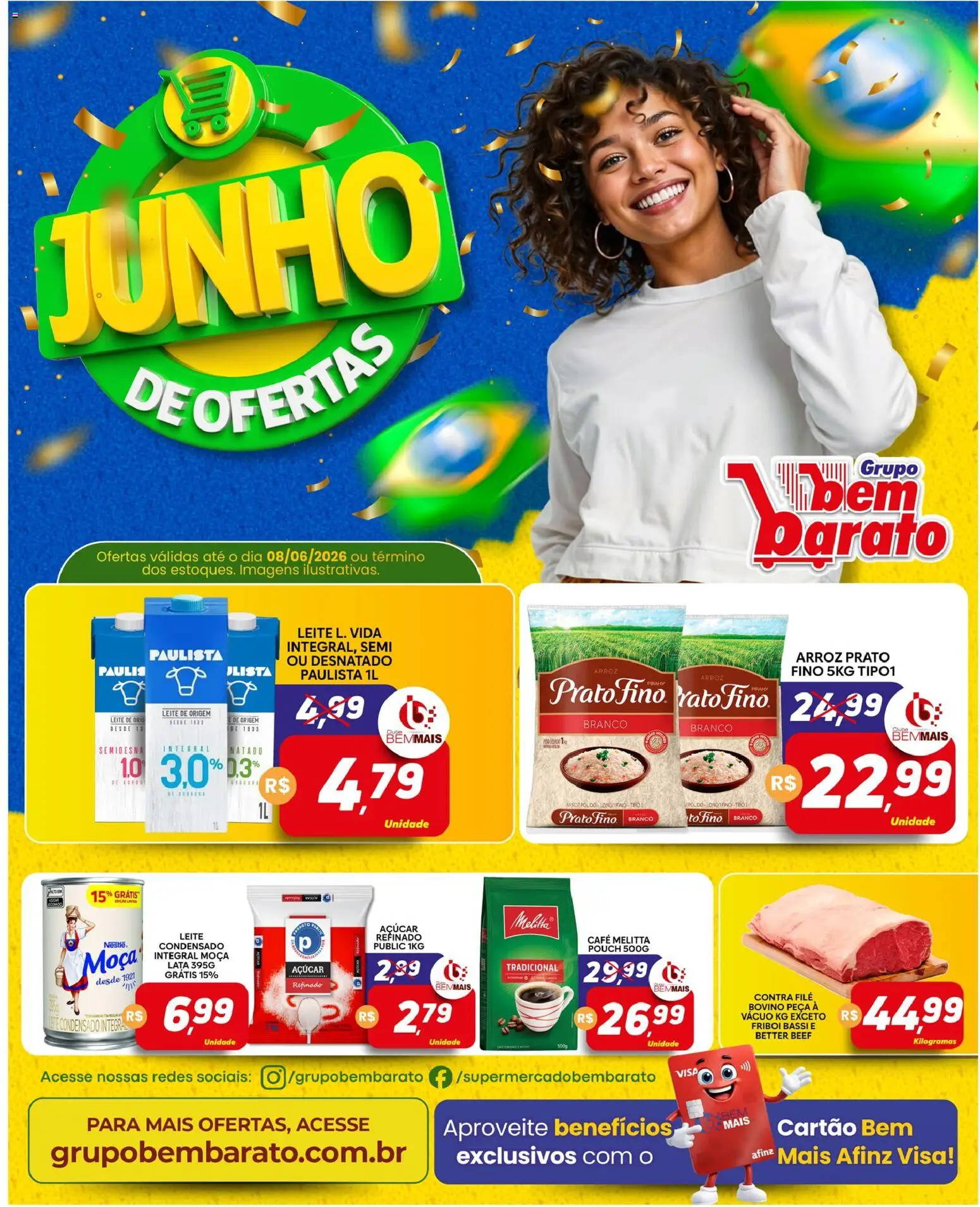 Supermercado Bem Barato Folheto - válido de 02.06.2026 | Página: 1 | Produtos: Contra filé, Leite, Café, Arroz