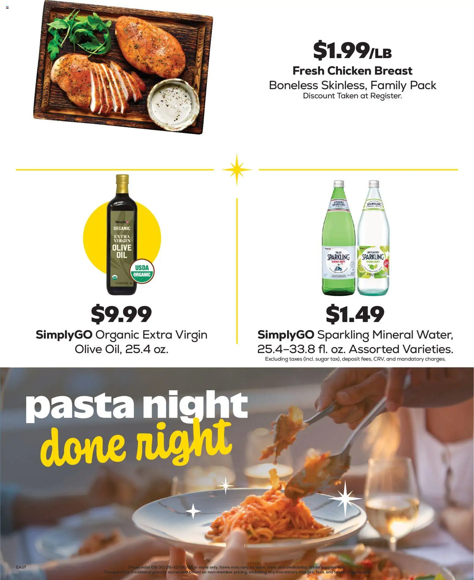 Grocery Outlet Weekly Ad - valid from 09/30/2026 | Page: 2 | Products: Chicken, Pasta, Mineral water, Water