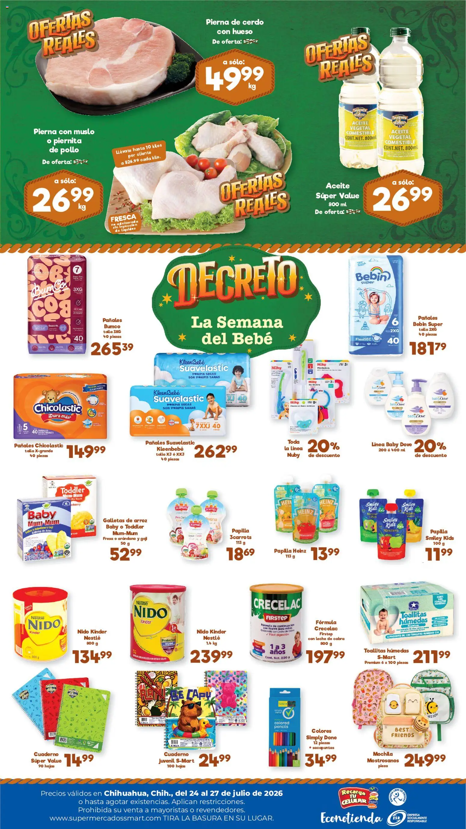 Nuevas ofertas de S-Mart válidas en toda la República Mexicana desde el 24/07/2026. ¡Encuentra las mejores ofertas en S-Mart folleto Ofertas de feria Chihuahua! | Página: 2 | Productos: Fresa, Mochila, Aceite, Cerdo