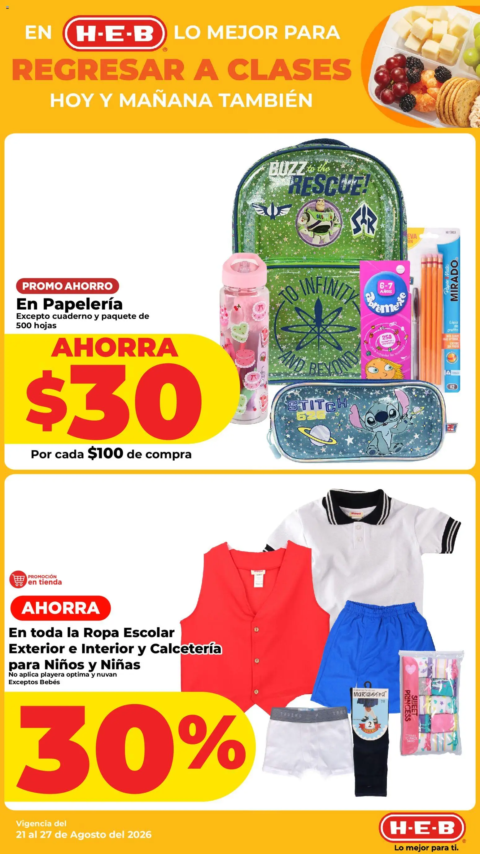 Nuevas ofertas de H-E-B válidas en toda la República Mexicana desde el 21/08/2026. ¡Encuentra las mejores ofertas en H-E-B folleto Los precios hoy están bajos! | Página: 9 | Productos: Cuaderno, Ropa, Playera, Mate